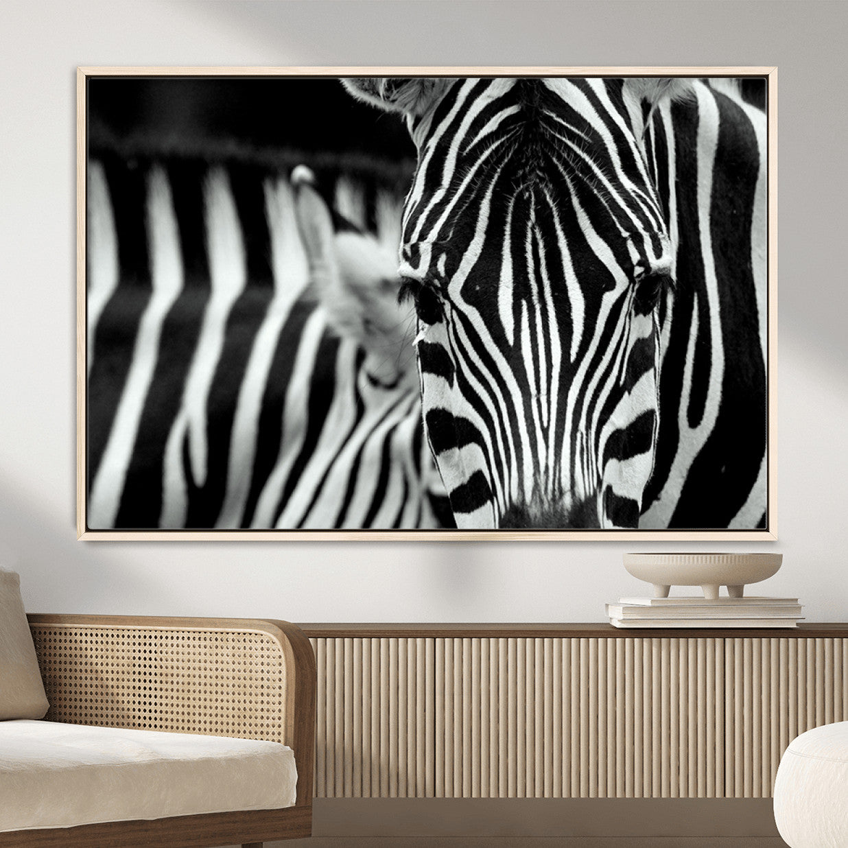 MGV-FC-36X24 - Zebra Wall Art – Close Up Black and White Animal Print, Bold Safari Decor for Living Room, Office, or Bedroom
