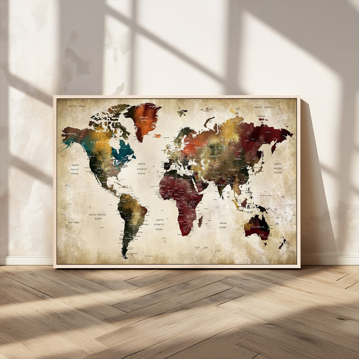 MGV-FC-36X24 - Large World Map Wall Art Canvas Print, Framed Push Pin Map Art Picture Print, Abstract Traveller Map Perfect Modern Decor Artwork