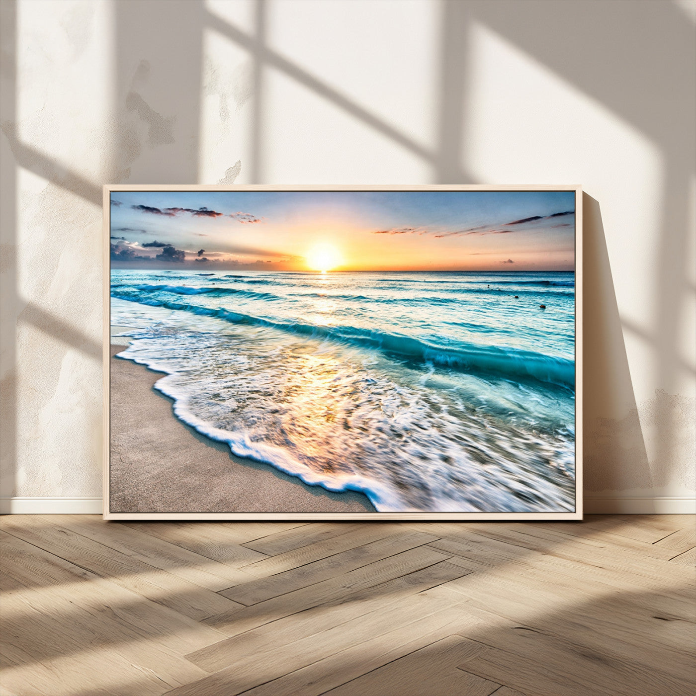 MGV-FC-36X24 - Sunset Beach Waves Canvas Wall Art – 5-Panel Ocean Sunset Print – Coastal Decor for Living Room or