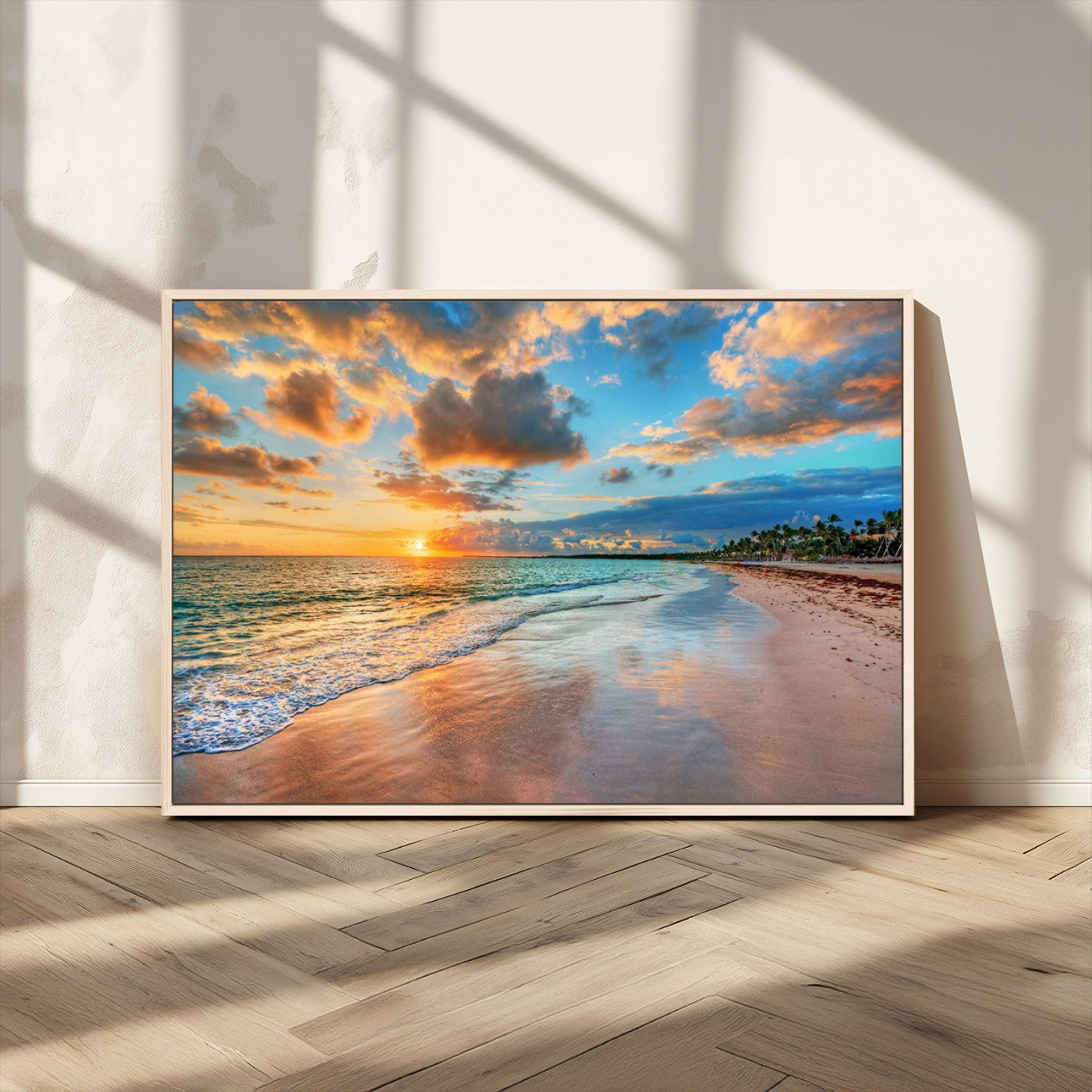 MGV-FC-36X24 - Sunset Ocean Waves on Tropical Beach, 3-Panel Giclee Canvas Art for Coastal Home Decor, Vibrant Palm-Lined Shore