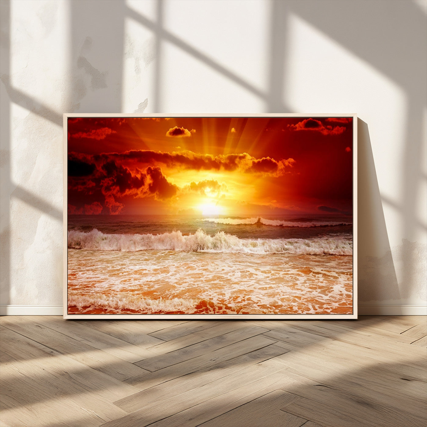 MGV-FC-36X24 - Red Sunset Ocean Beach Canvas Wall Art Beach Canvas, Coastal Sunset Print
