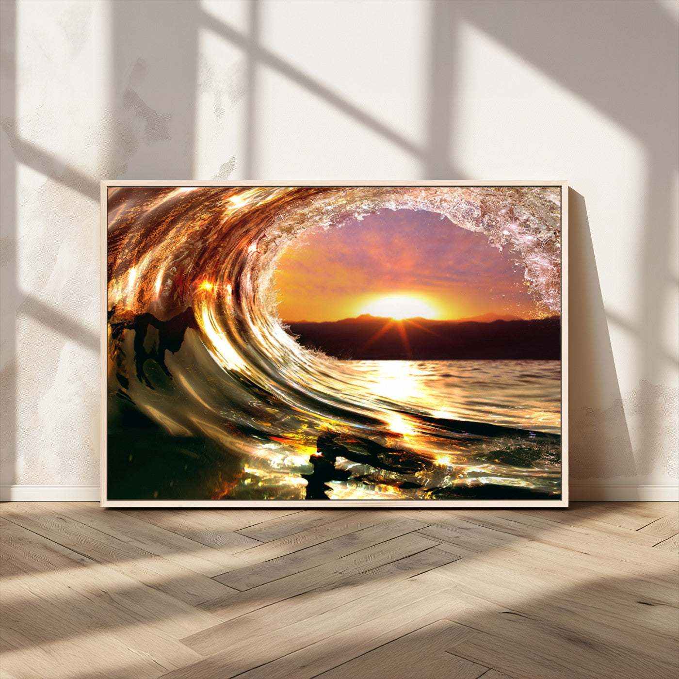 MGV-FC-36X24 - Golden Wave Sunset Triptych Canvas Art, Giclee Canvas Print of Ocean Wave and Sunset, Framed Ocean