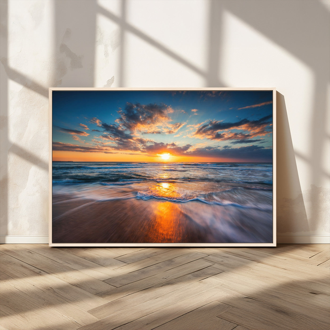 MGV-FC-36X24 - Sunset on the Ocean Beach with Waves, Reflections on Sand, Coastal Wall Art Print, Beach Wall Art,