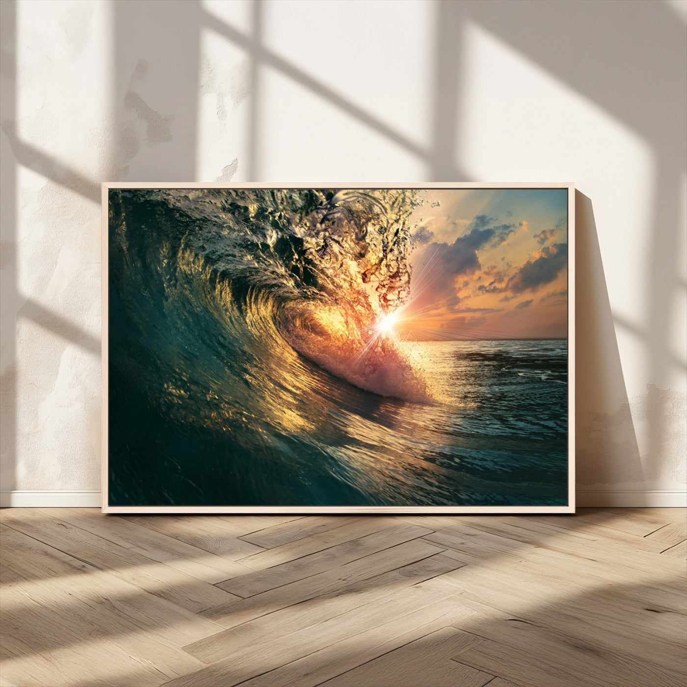 MGV-FC-36X24 - Ocean Wave Sunset Canvas Wall Art – Triptych Seascape Print – Framed and Ready to Hang for Living Room or Office