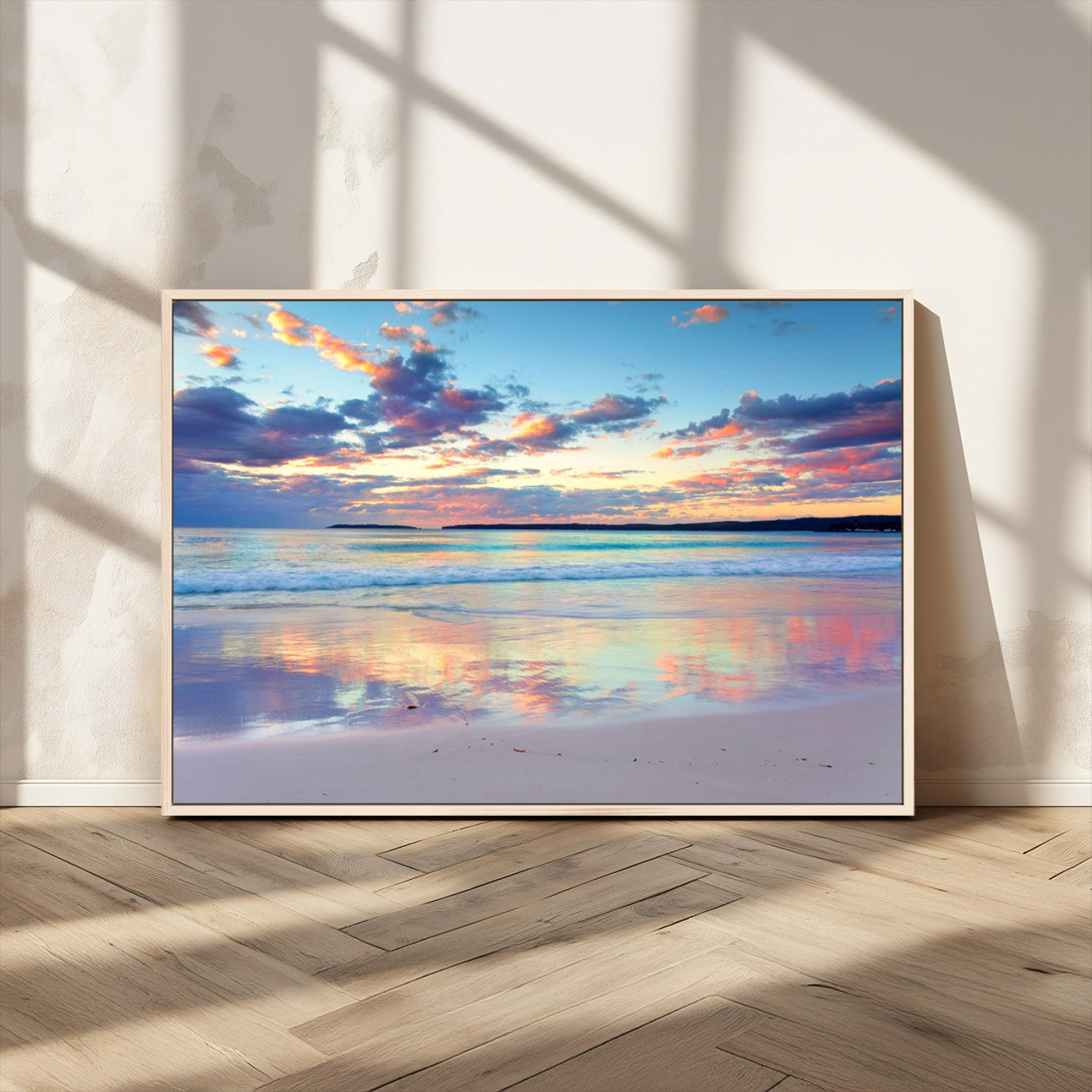 MGV-FC-36X24 - Tranquil Pastel Sunset Beach Triptych Canvas Art, Soothing Coastal Ocean Shoreline Giclee Print, Beach Reflections Wall Decor for Serene Spaces