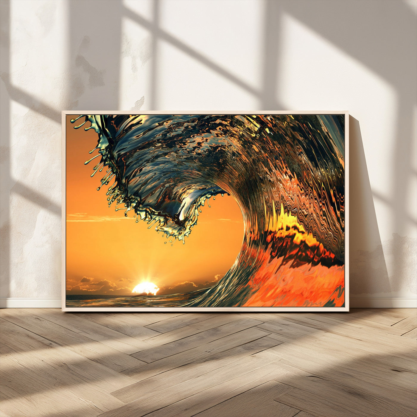 -Surf Wave Sunset Canvas Wall Art Print, 3-Panel Ocean Coastal Wall Art Print, Ocean Decor for