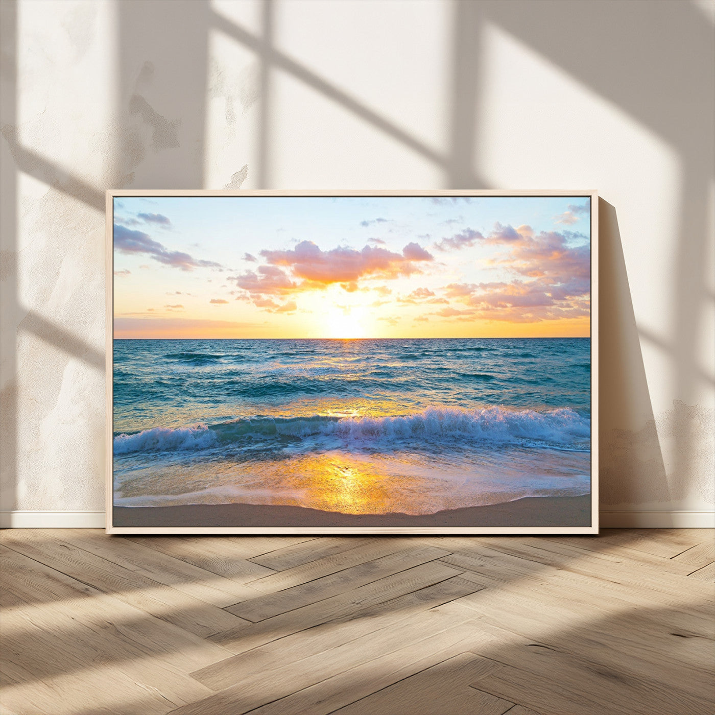 MGV-FC-36X24 - Ocean Sunset Triptych Canvas Wall Art, Giclee Beach Sunset Print with Gentle Waves, Coastal Art for Relaxation Spaces
