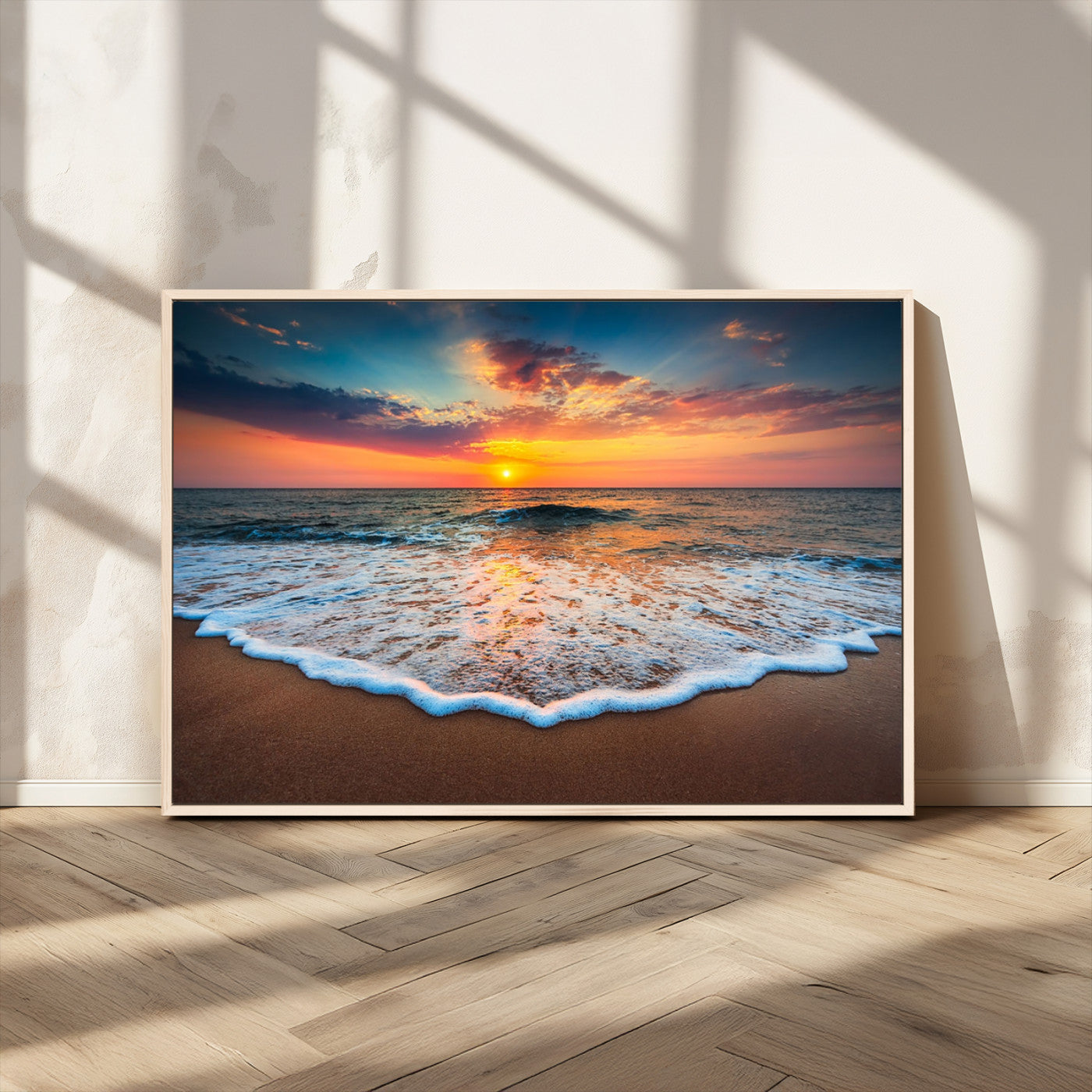 MGV-FC-36X24 - Sunset Beach Canvas Wall Art – Colorful Ocean Waves Triptych – Coastal Decor for Living Room or Bedroom – Framed and Ready to Hang
