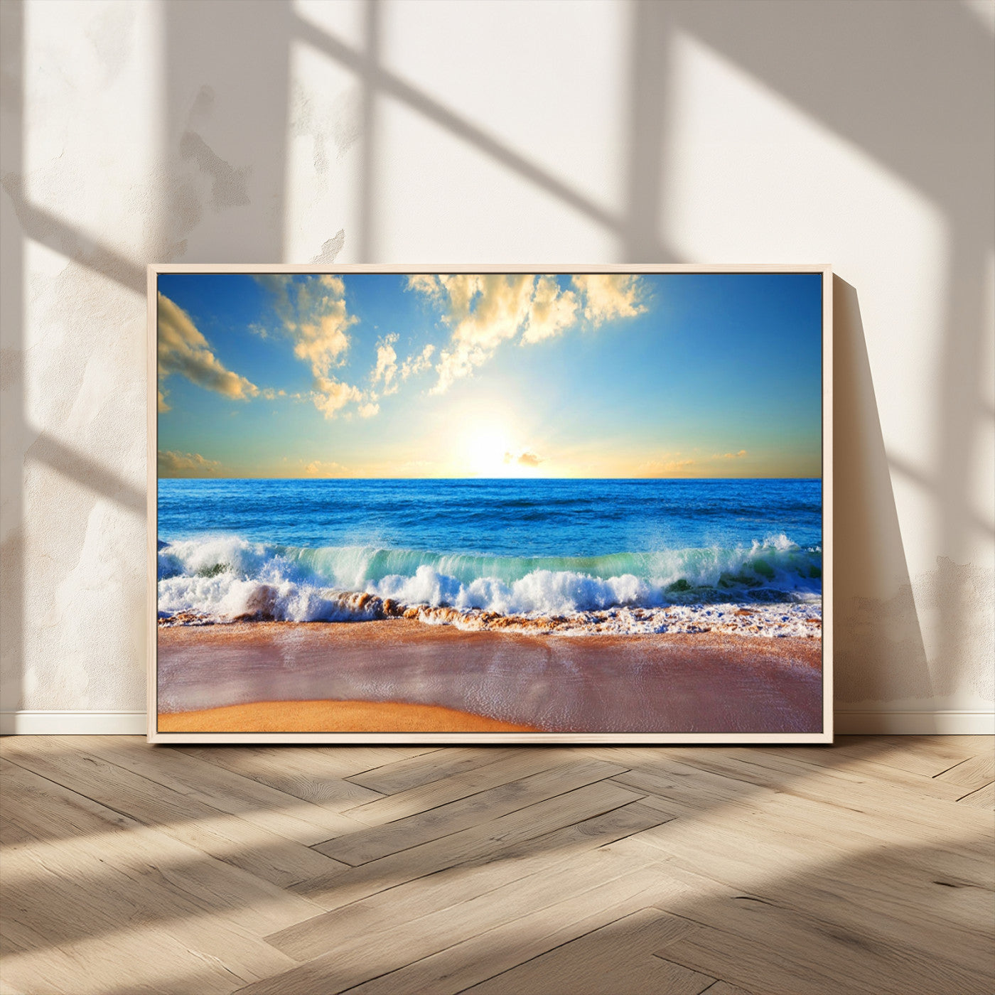 MGV-FC-36X24 - Tropical Beach Sunset Canvas Art, Ocean Waves and Sandy Shoreline Wall Art, Large Beach Decor for Coastal Homes