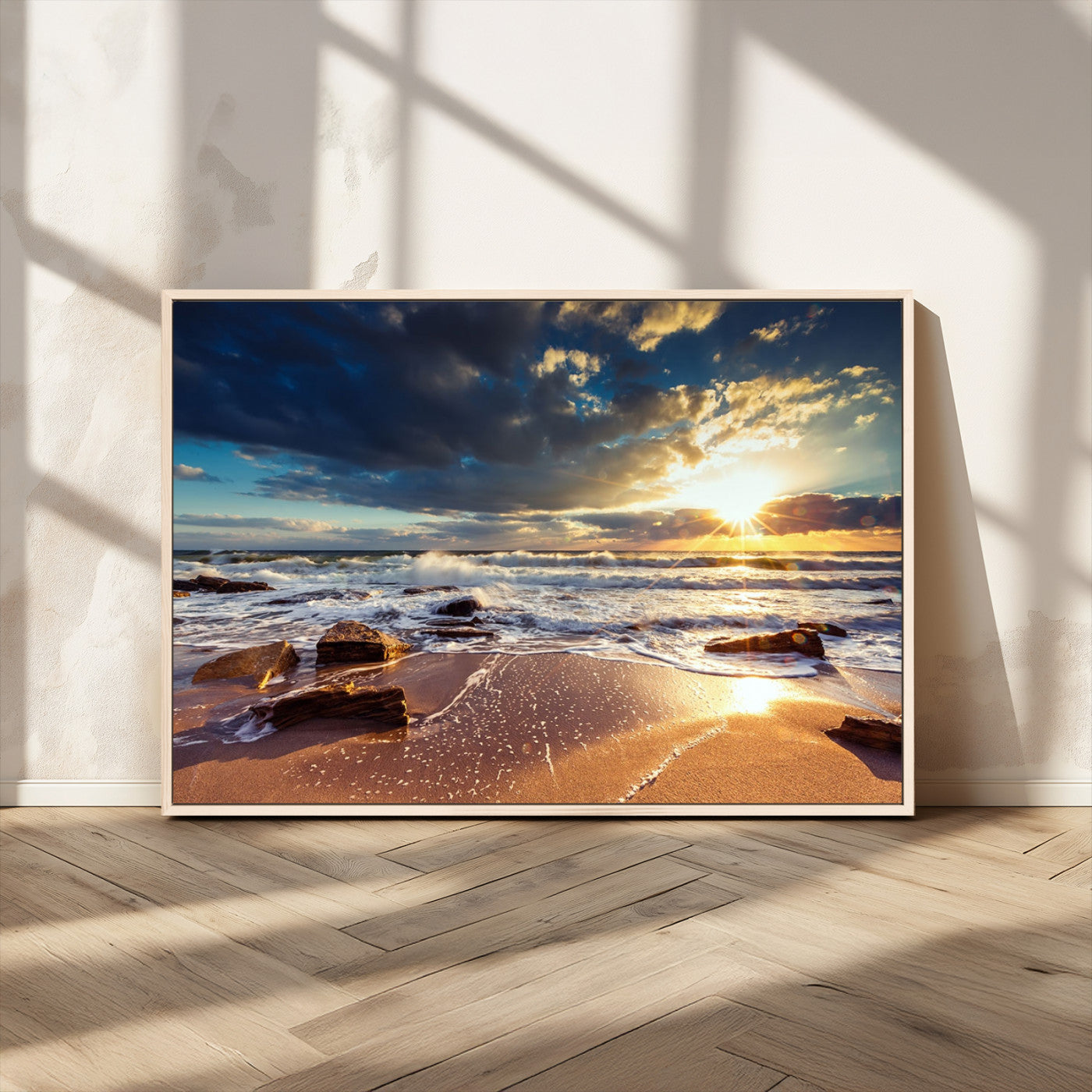 MGV-FC-36X24 - Golden Hour Beach Sunset Canvas Triptych, Ocean Waves and Rocks Wall Art for Coastal Home Decor