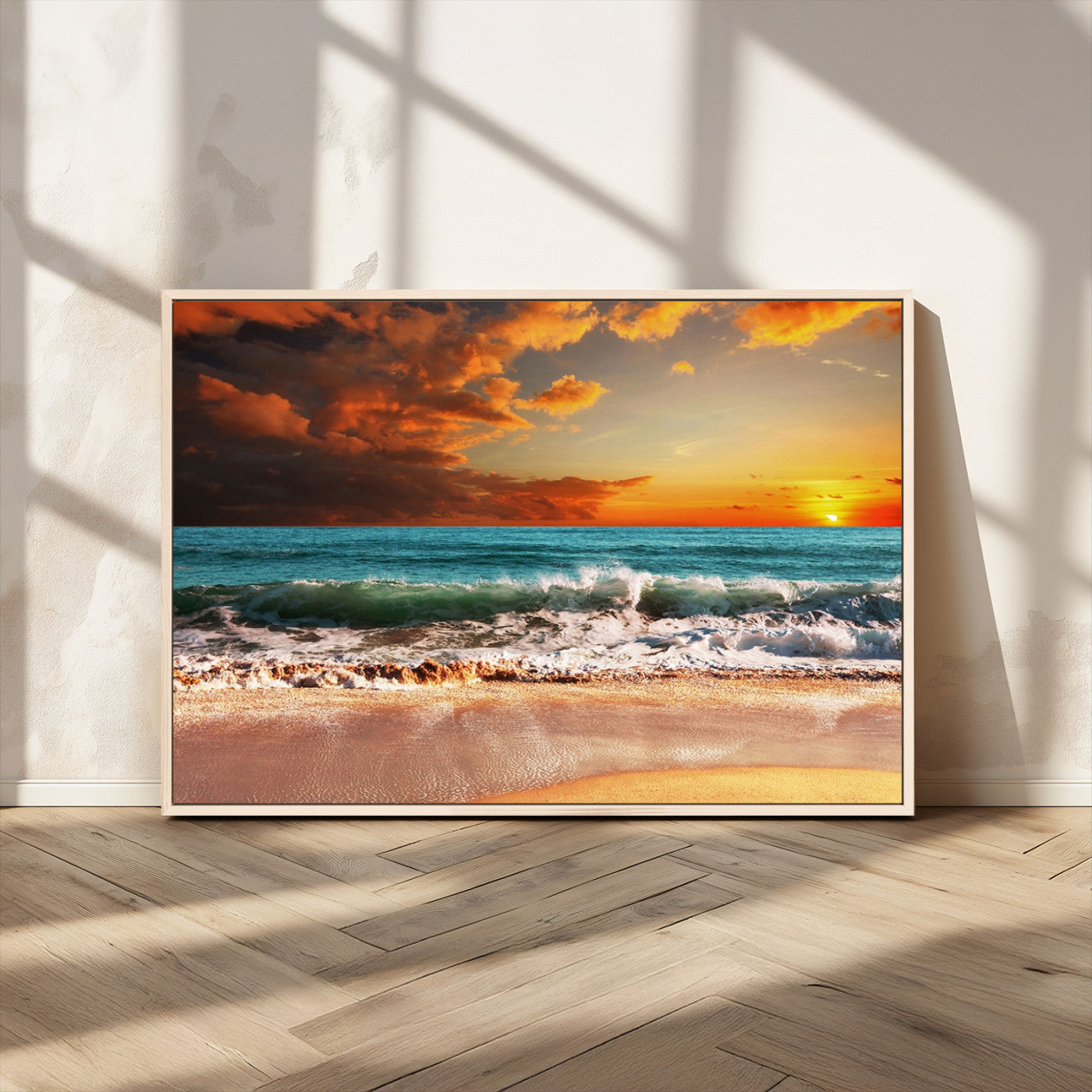 MGV-FC-36X24 - Golden Sunset Beach Canvas Wall Art – Triptych Seascape Print – Framed and Ready to Hang for Living Room or Office