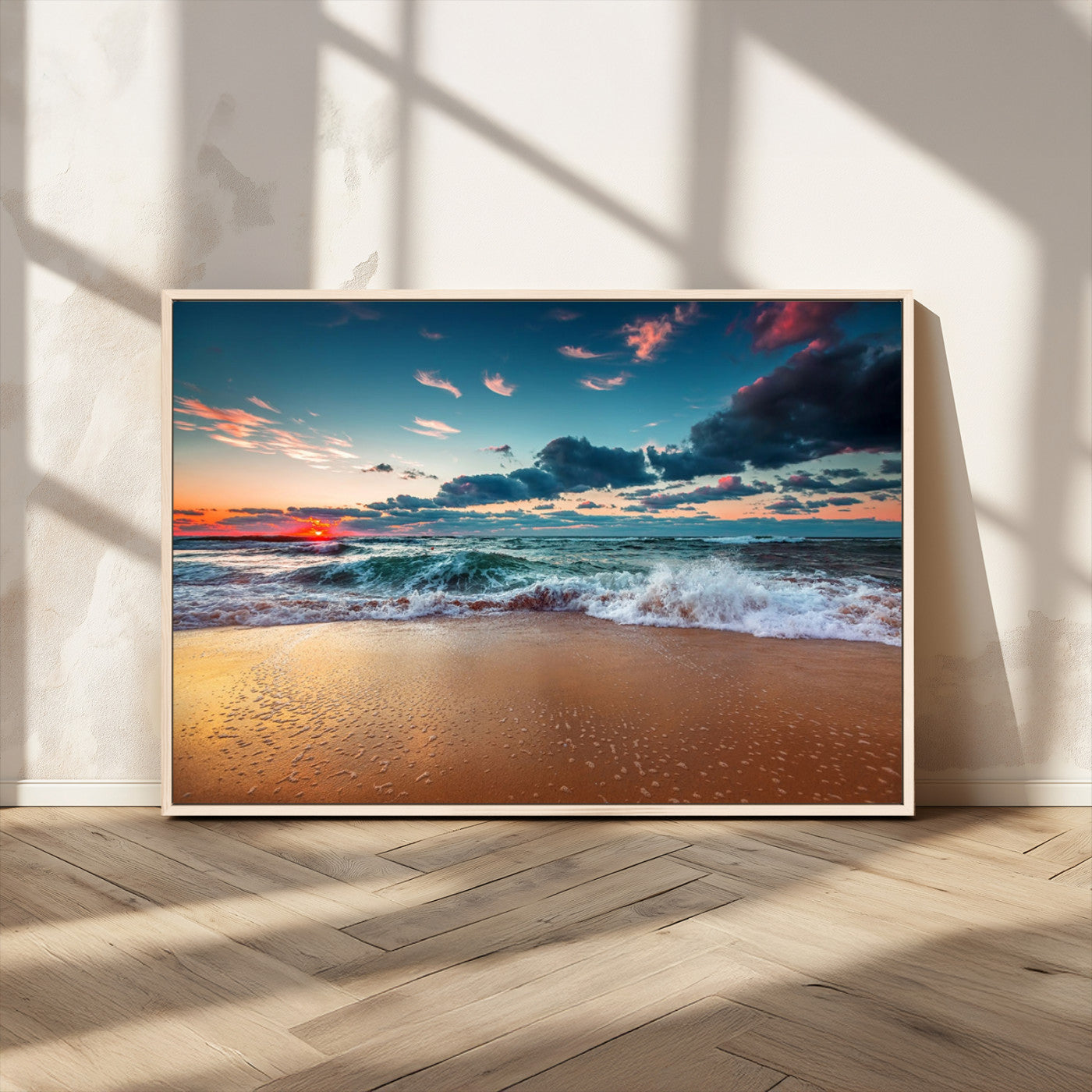 MGV-FC-36X24 - Sunset Ocean Beach Wall Art – Giclee Canvas Print, Coastal Seascape, Ready to Hang, Beach Decor, Large 3-Panel Set for Living Room
