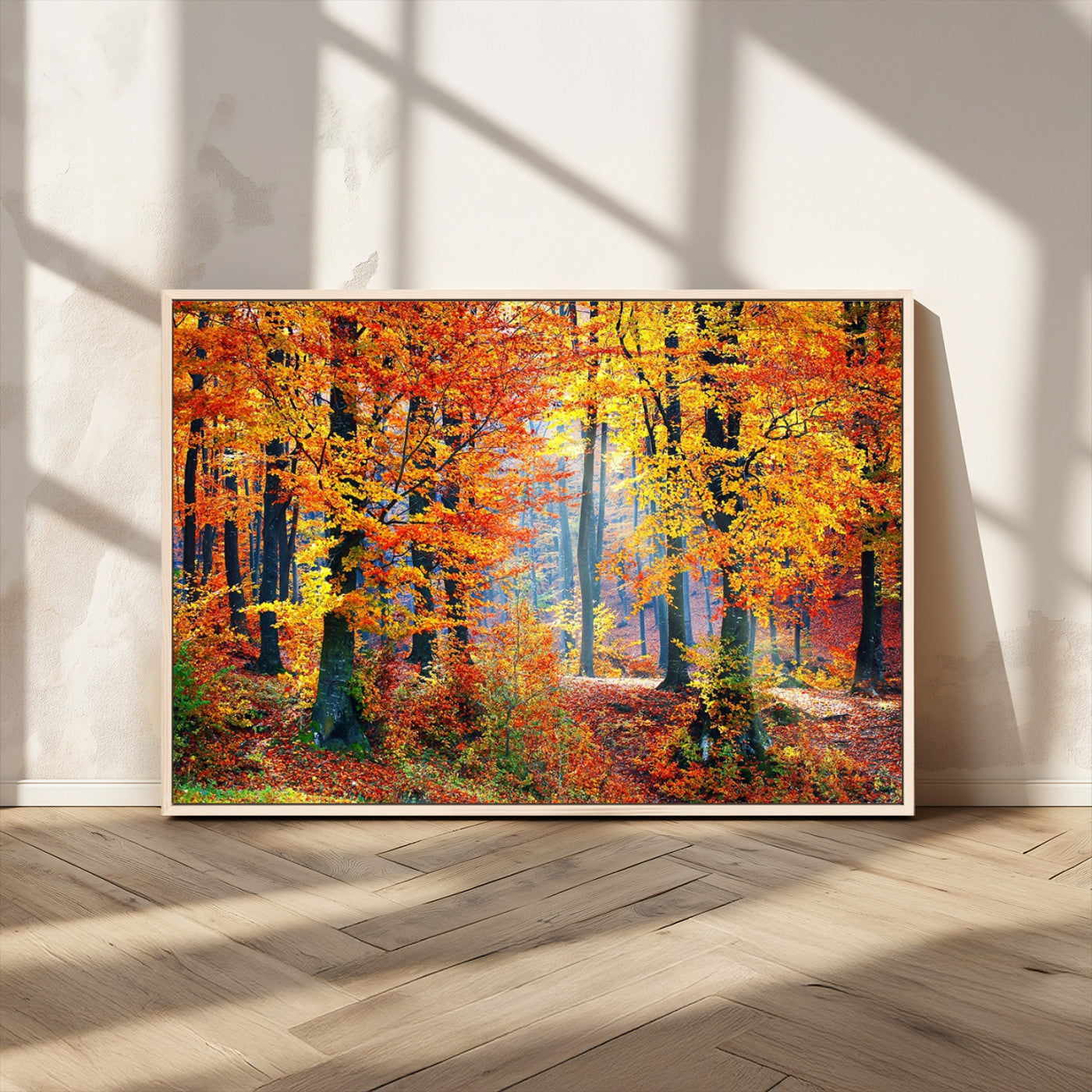 MGV-FC-36X24 - Autumn Red Forest Triptych Canvas Wall Art Print, Forest Wall Decor, Fall Landscape Art | Season Nature Landscape for Home or Office