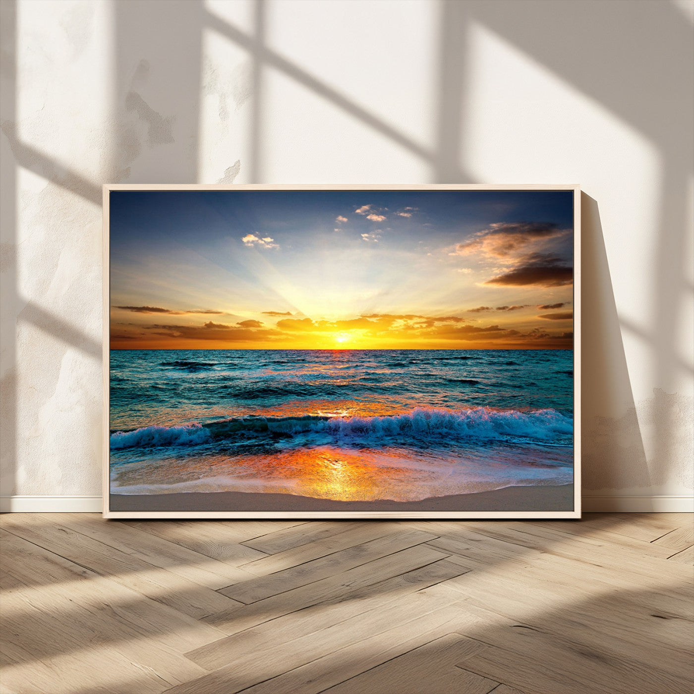 MGV-FC-36X24 - Vibrant Ocean Sunrise Over Golden Beach Waves, Giclee Canvas Wall Art Set, High-Quality Stretched Canvas Print, Ready to Hang Coastal Sunset Wall