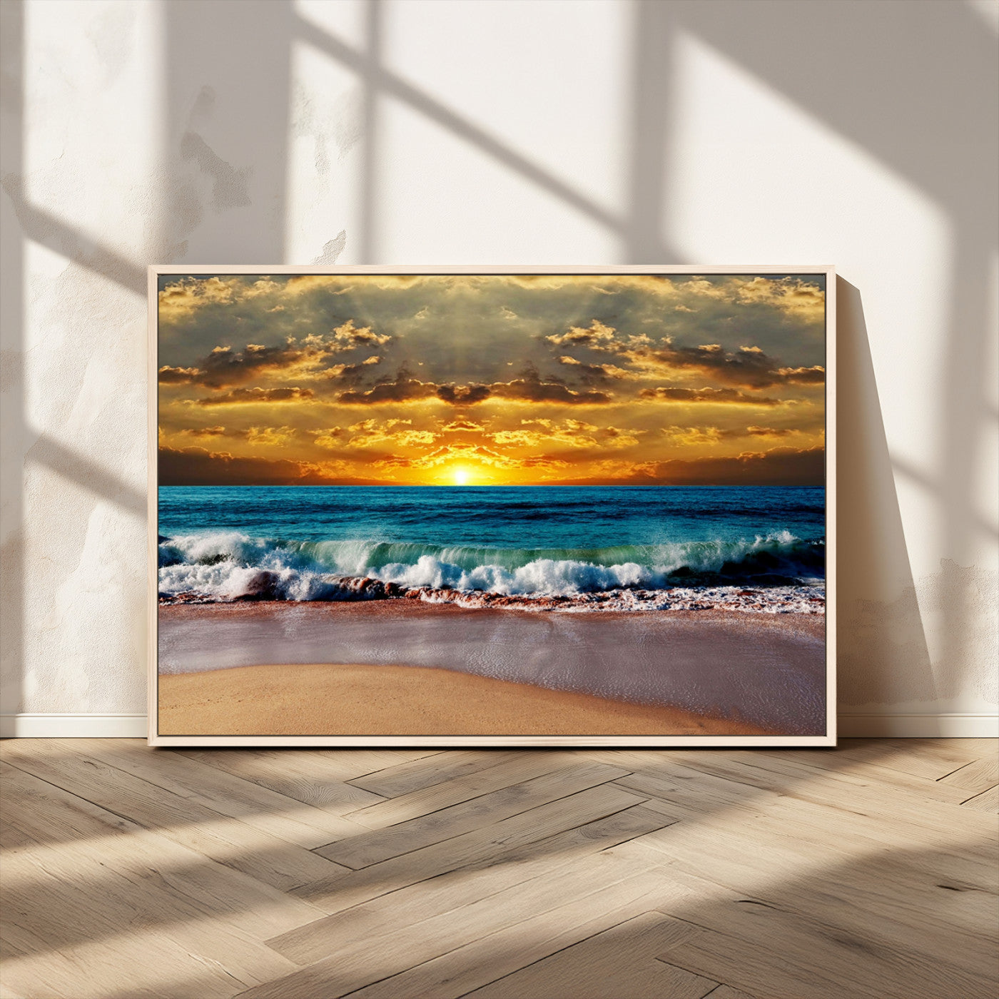 MGV-FC-36X24 - Ocean Sunrise Over Golden Beach Waves, Giclee Canvas Wall Art Set, High-Quality Stretched Canvas Print, Ready to Hang Coastal Sunset Wall Decor