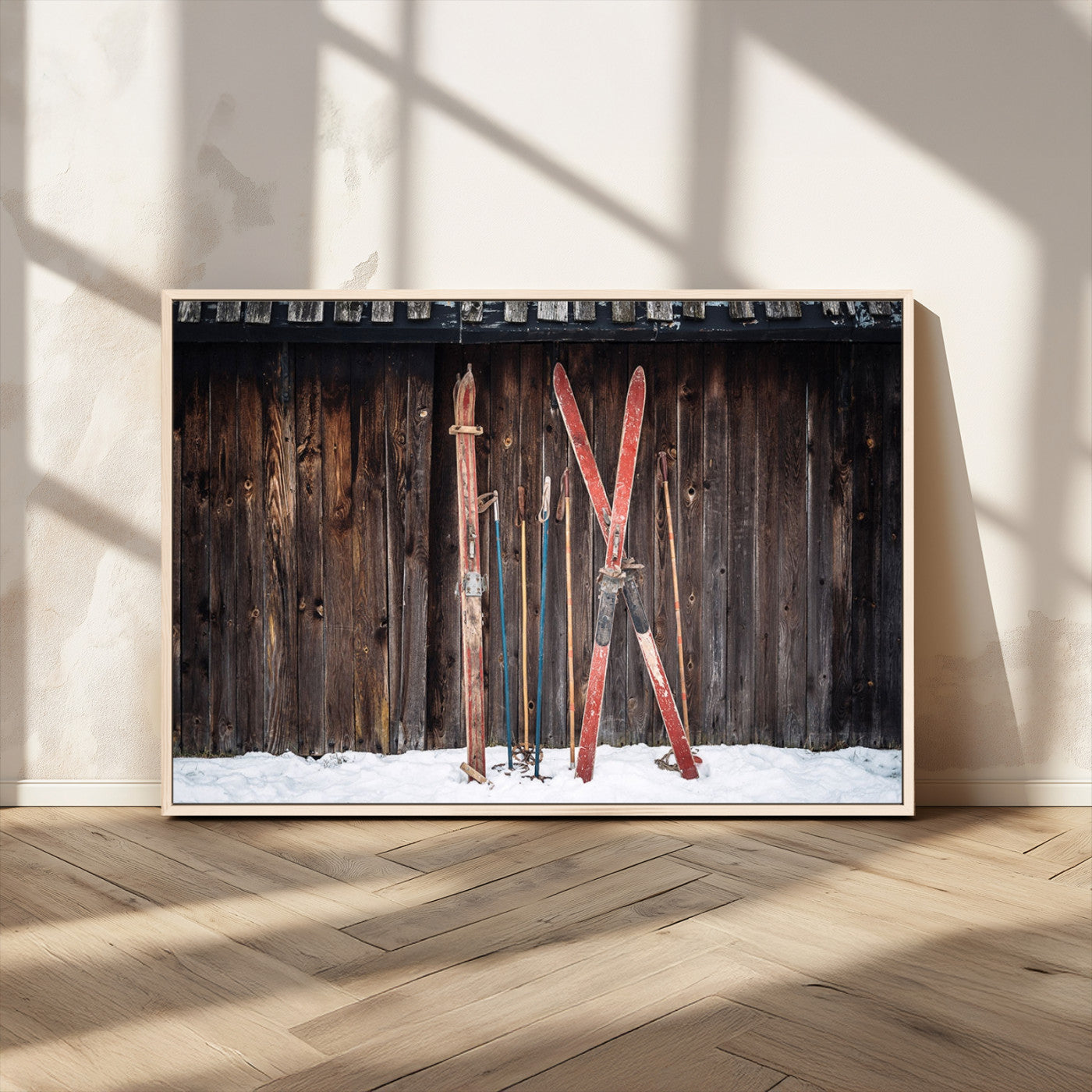 MGV-FC-36X24 - Vintage Ski Gear Against Wooden Cabin Wall, Rustic Winter Sports Equipment Canvas Print, Ready to Hang Wall Art, Perfect for Lodge or Ski Cabin Decor