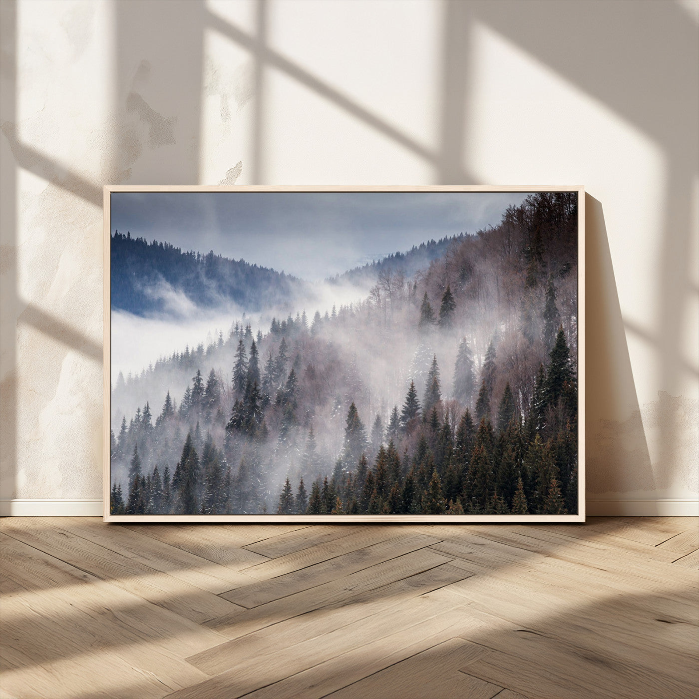 MGV-FC-36X24 - Beautiful Rising Fog in Winter Mountain Landscape - Framed Rising Fog in Winter Mountain Canvas