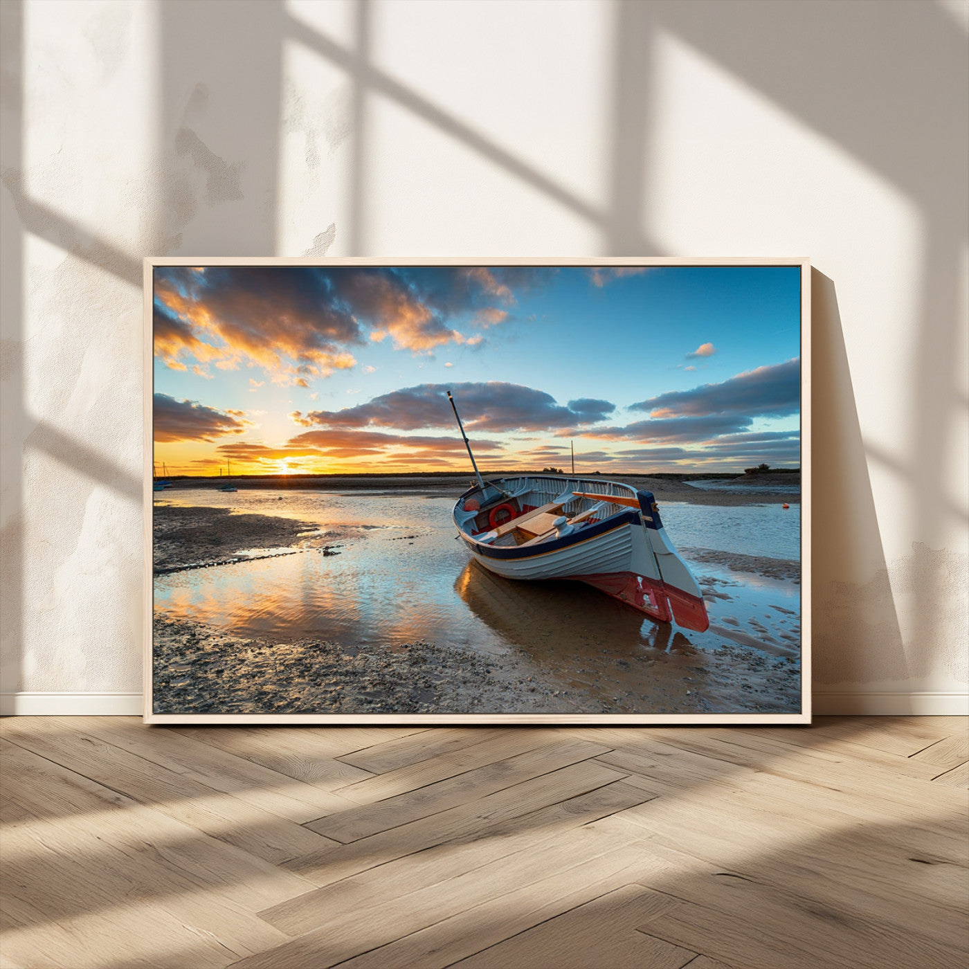 MGV-FC-36X24 - Small Boat At The Beach Sunset Wall Art, Boat Sunset Wall Art Canvas Print
