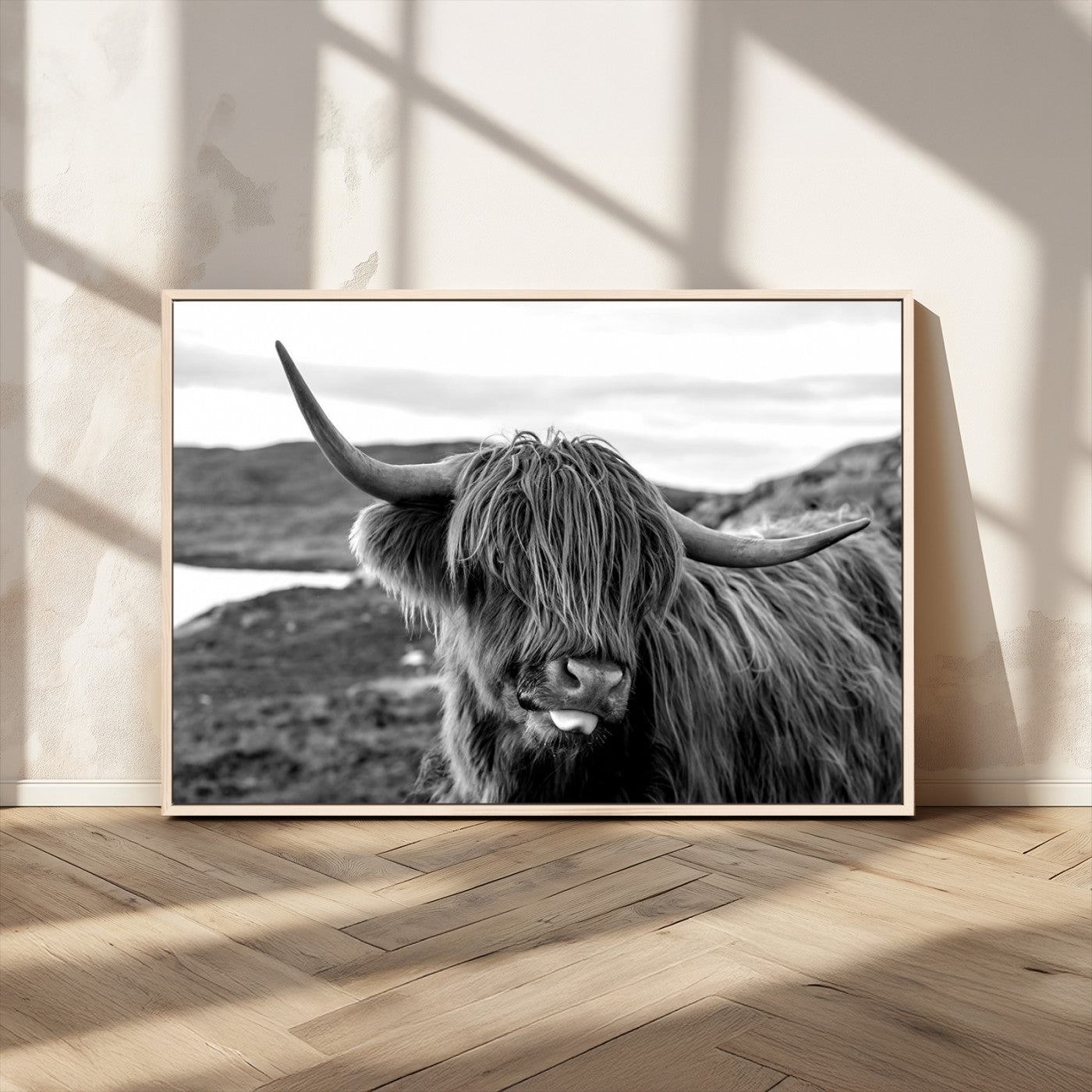 MGV-FC-36X24 - Highland Cow Canvas Wall Art – Black and White Animal Portrait – Framed and Ready to Hang Rustic Farmhouse Decor for Living Room or Office