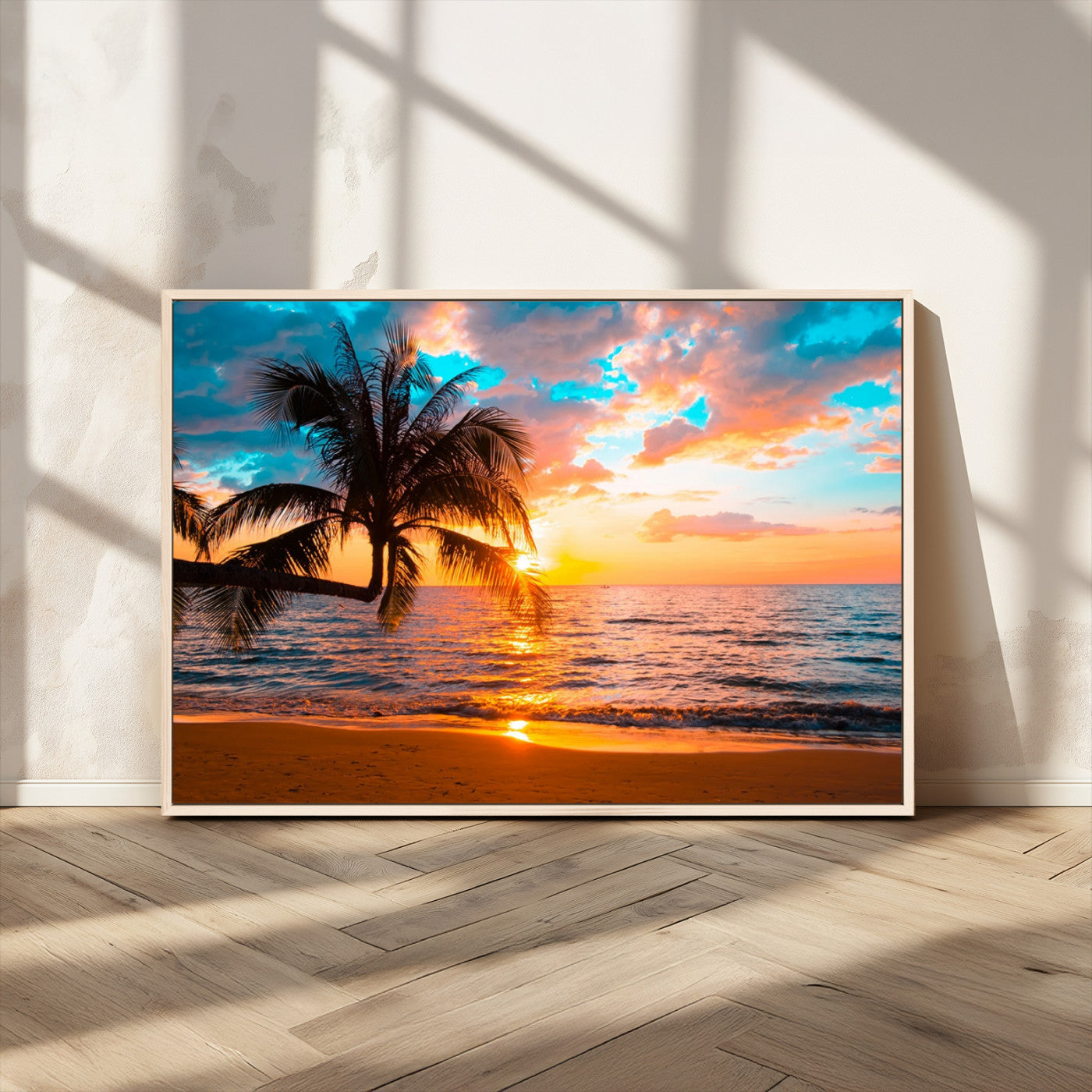 -Palm Tree Sunset On The Beach Wall Art Canvas, Framed Palm Tree Sunset Canvas Print