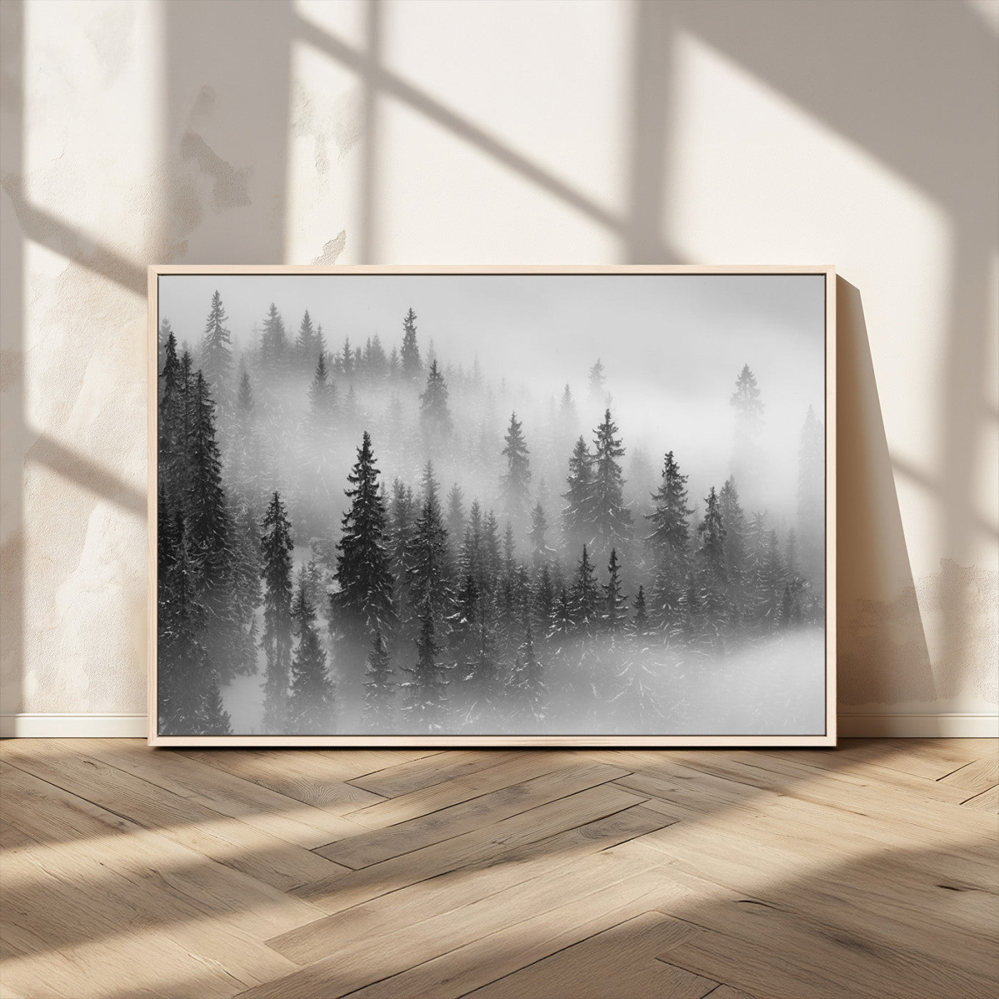 MGV-FC-36X24 - Black and White Forest Wall Art Print – Misty Pine Tree Canvas Print – Winter Woodland Nature Artwork – Perfect for Minimalist Home Decor