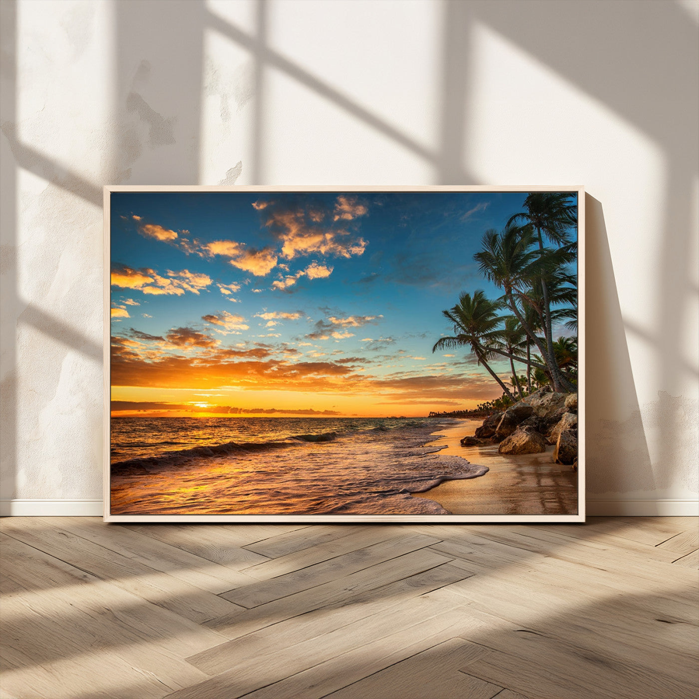 MGV-FC-36X24 - Tropical Beach Sunset Wall Art Print – Palm Tree Coastal Canvas Print – Ocean Seascape Artwork – Perfect for Tropical Modern Home Decor