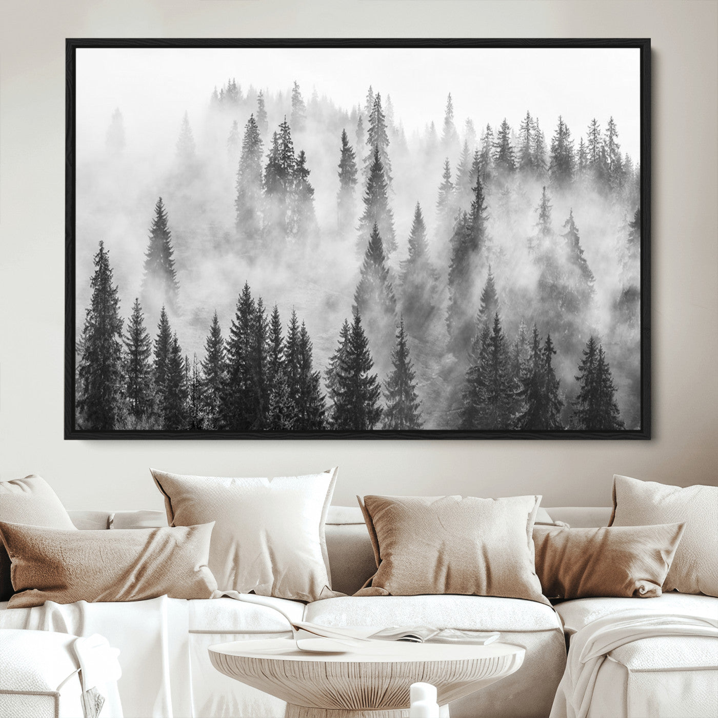 10422-MGV-CV-36X24-Forest Wall Art Print | Foggy Pine Forest Canvas Wall Art - Black and White Nature Decor for Living Room