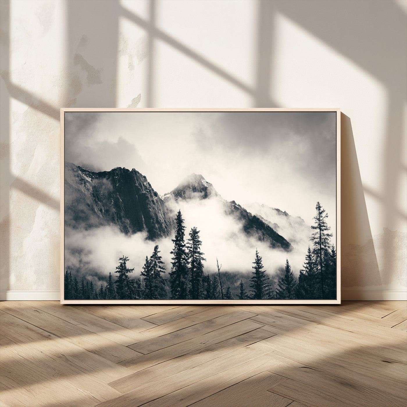 MGV-FC-36X24 - Large Foggy Mountain Forest Wall Art Canvas Print | Misty Mountain Peaks and Pine Trees Print | Framed Gallery Wrap | Rustic Nature Farmhouse Decor