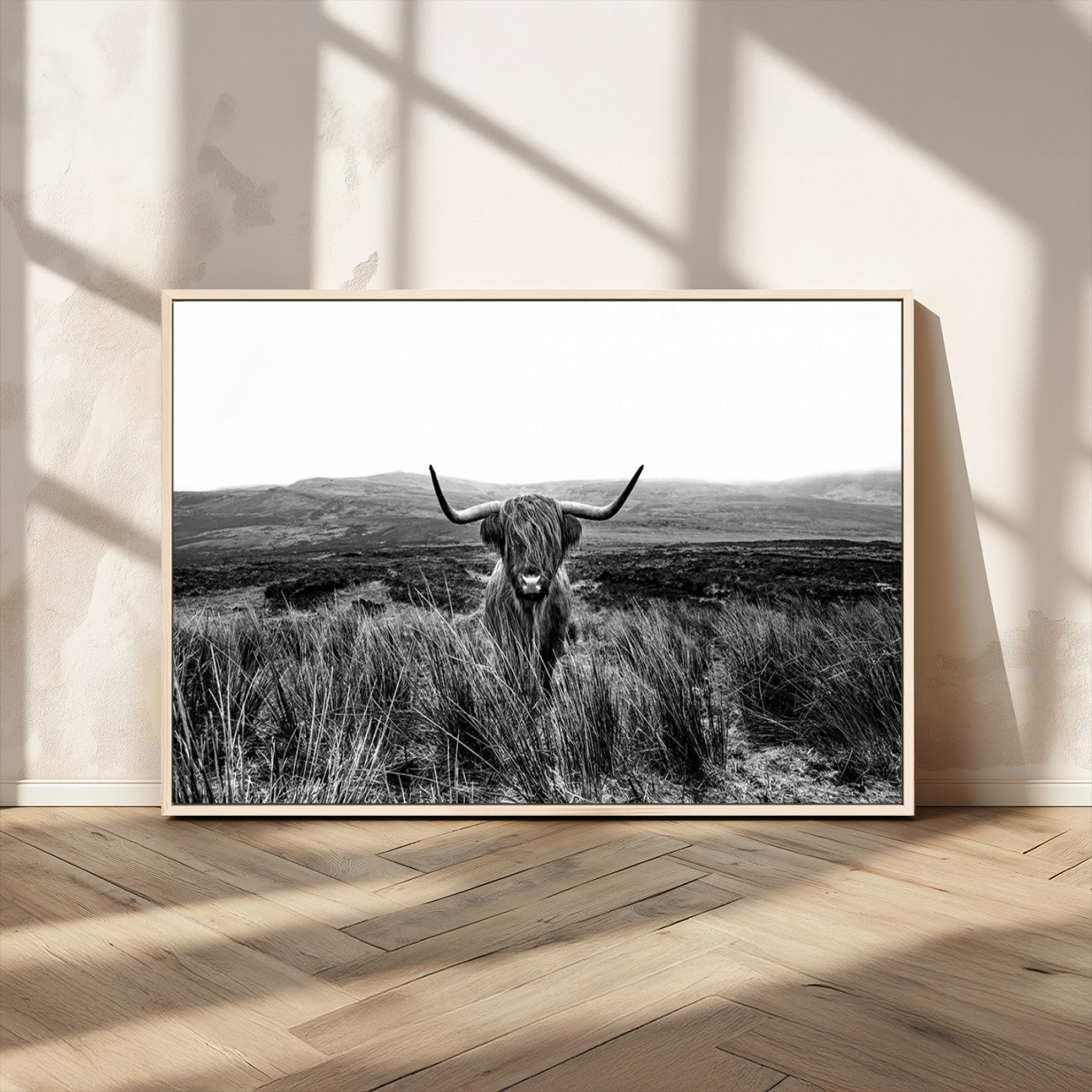 MGV-FC-36X24 - Black and White Highland Cow Canvas Wall Art, Longhorn Triptych Western Wall Decor for Cabin -