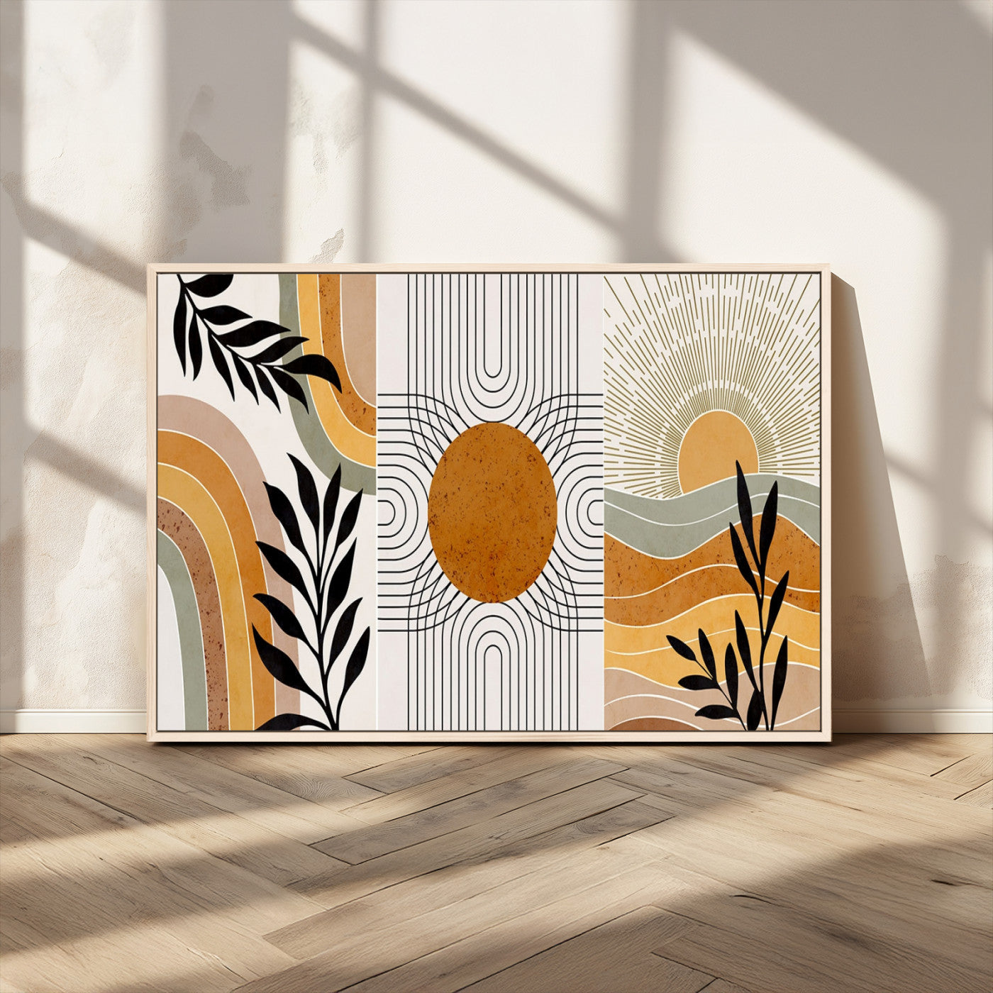 MGV-FC-36X24 - Modern Boho Sun and Leaf Abstract Art – 3-Panel Giclée Canvas for Mid-Century Modern or Bohemian