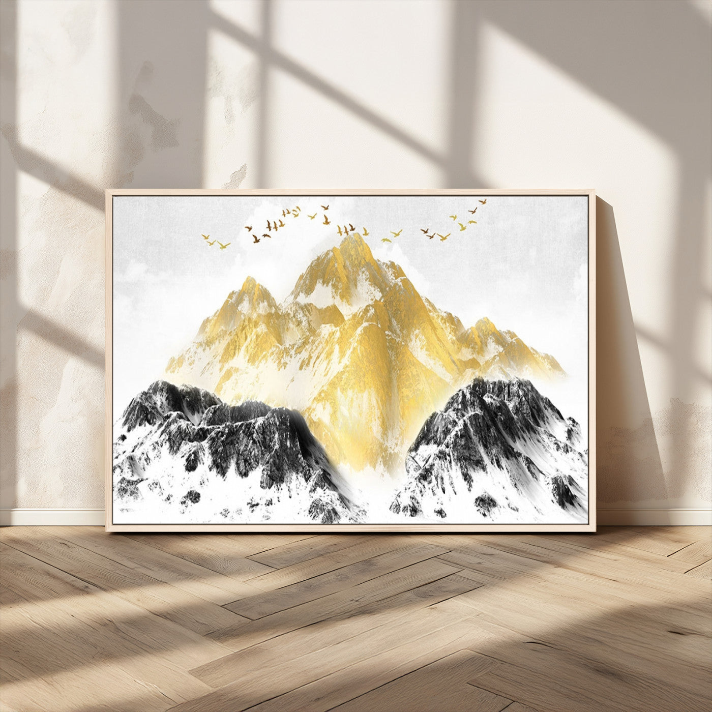 MGV-FC-36X24 - Golden Mountain Triptych Wall Art, Modern Giclee Canvas Print, Nature Landscape Decor for Living Room, Contemporary Gold and Black Wall Art