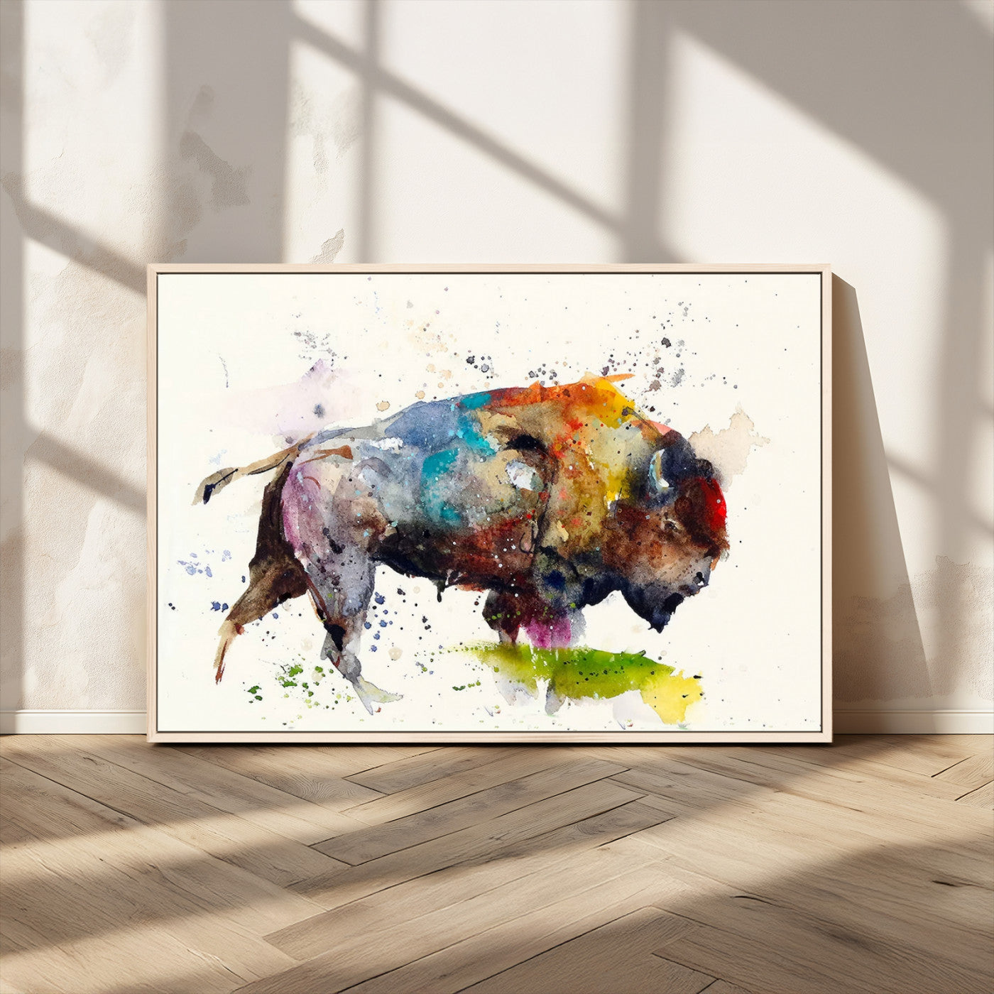 MGV-FC-36X24 - Abstract Buffalo Wall Art, Western Watercolor Bison Canvas Print, Rustic Buffalo Art for Cowboy and Western Decor, Large Multi-Panel Giclee Canvas