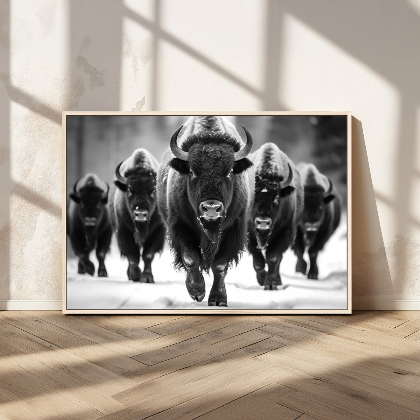 MGV-FC-36X24 - American Bison Art | Buffalo Herd Wall Art Canvas Print, BW American Bison Herd Wall Art Canvas Print