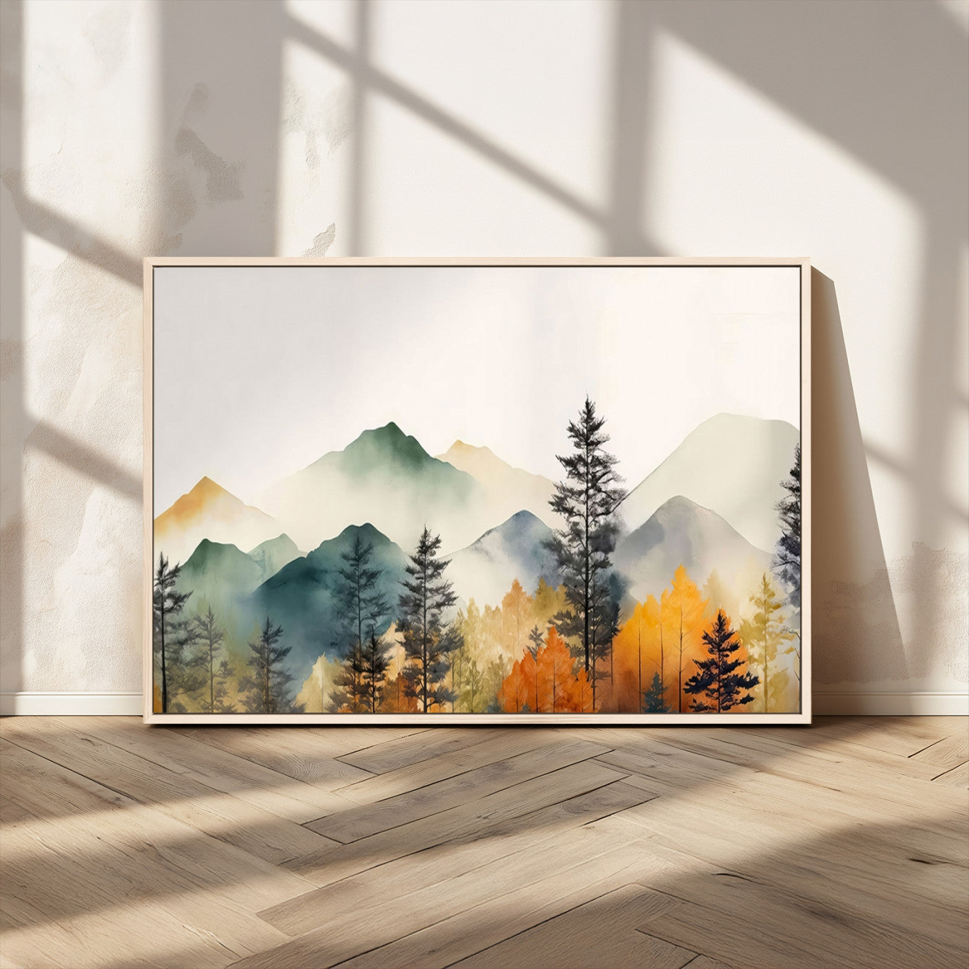MGV-FC-36X24 - Abstract Watercolor Mountains and Trees Autumn Wall Art, Mountains and Trees Autumn Wall Art Canvas