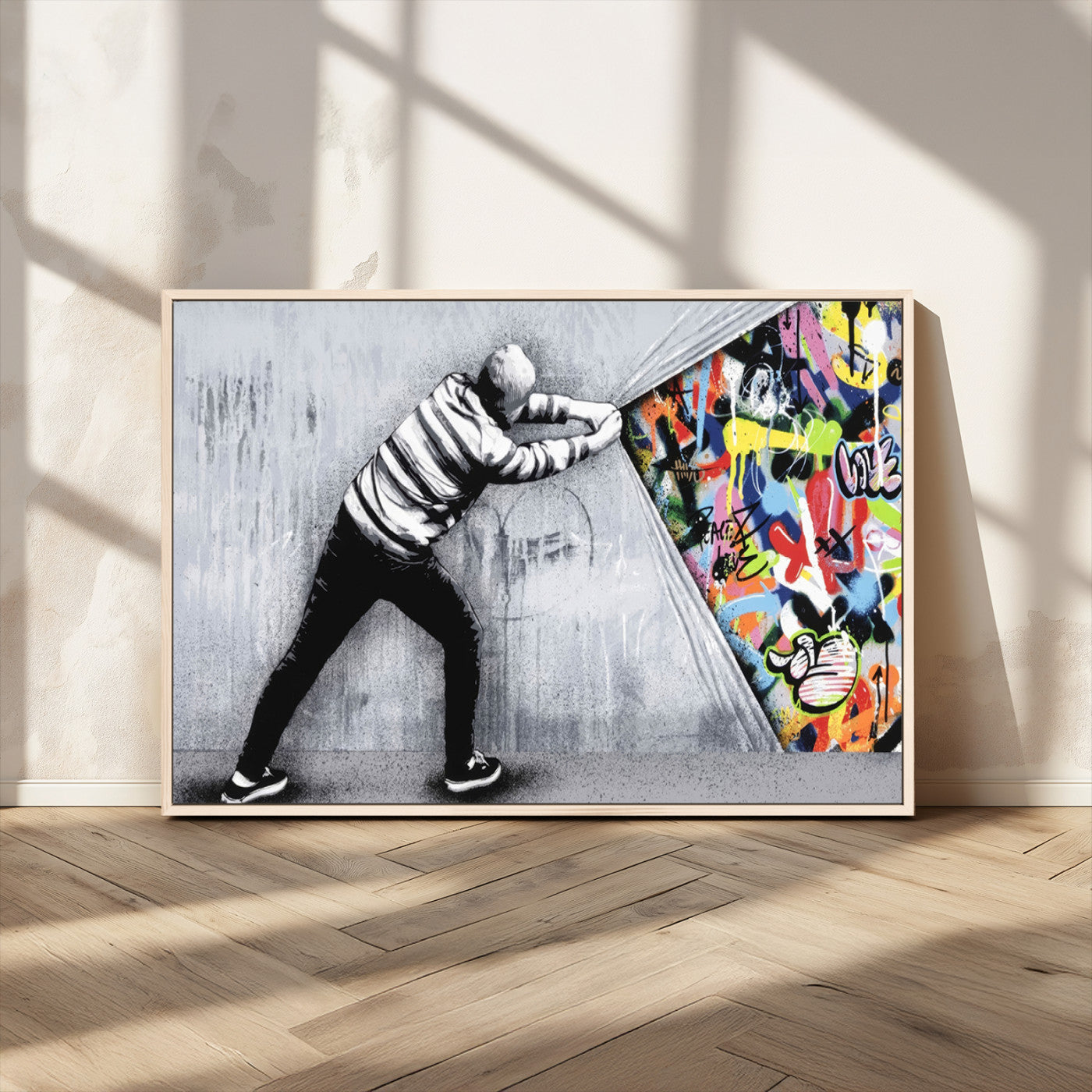 MGV-FC-36X24 - Banksy Art Behind the Curtain Street Wall Art Canvas Print | 3-Panel Urban Graffiti-Inspired Wall Art for Living Room or Office