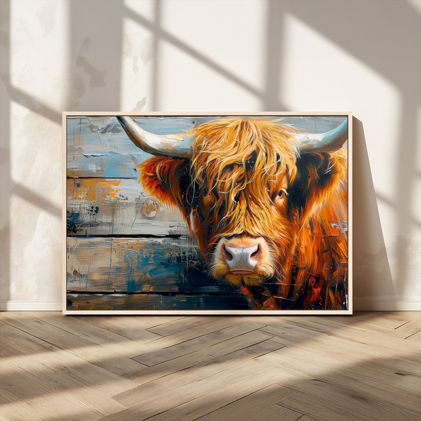 -Highland Cow Abstract Canvas Wall Art – Bold Farmhouse Rustic Decor – Ready to Hang