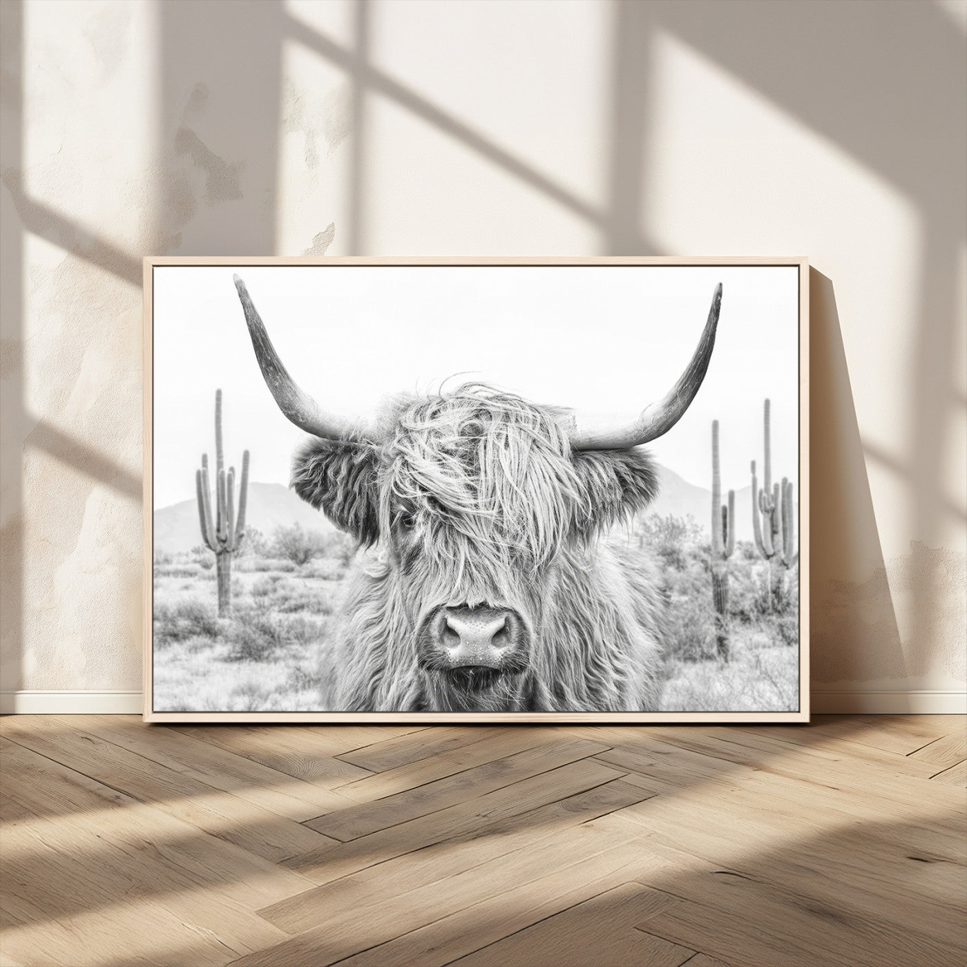-Rustic Charm | Cow Longhorn Black White Bighorn Wall Art Canvas Print | Farmhouse Wall Art