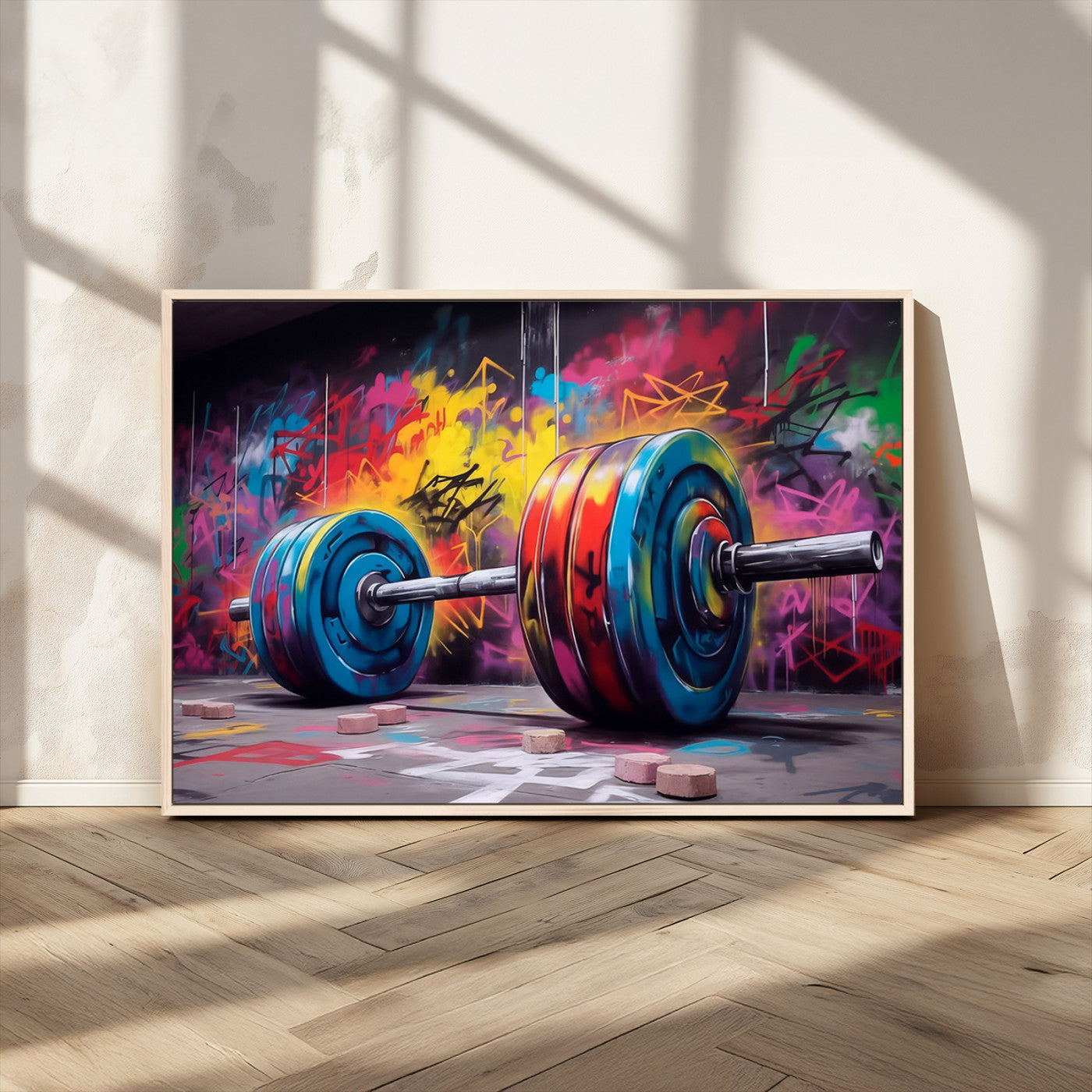 MGV-FC-36X24 - Abstract Graffiti Barbell Canvas Wall Art – Urban Fitness Meets Bold Street Art Print - Gym Wall Art Print