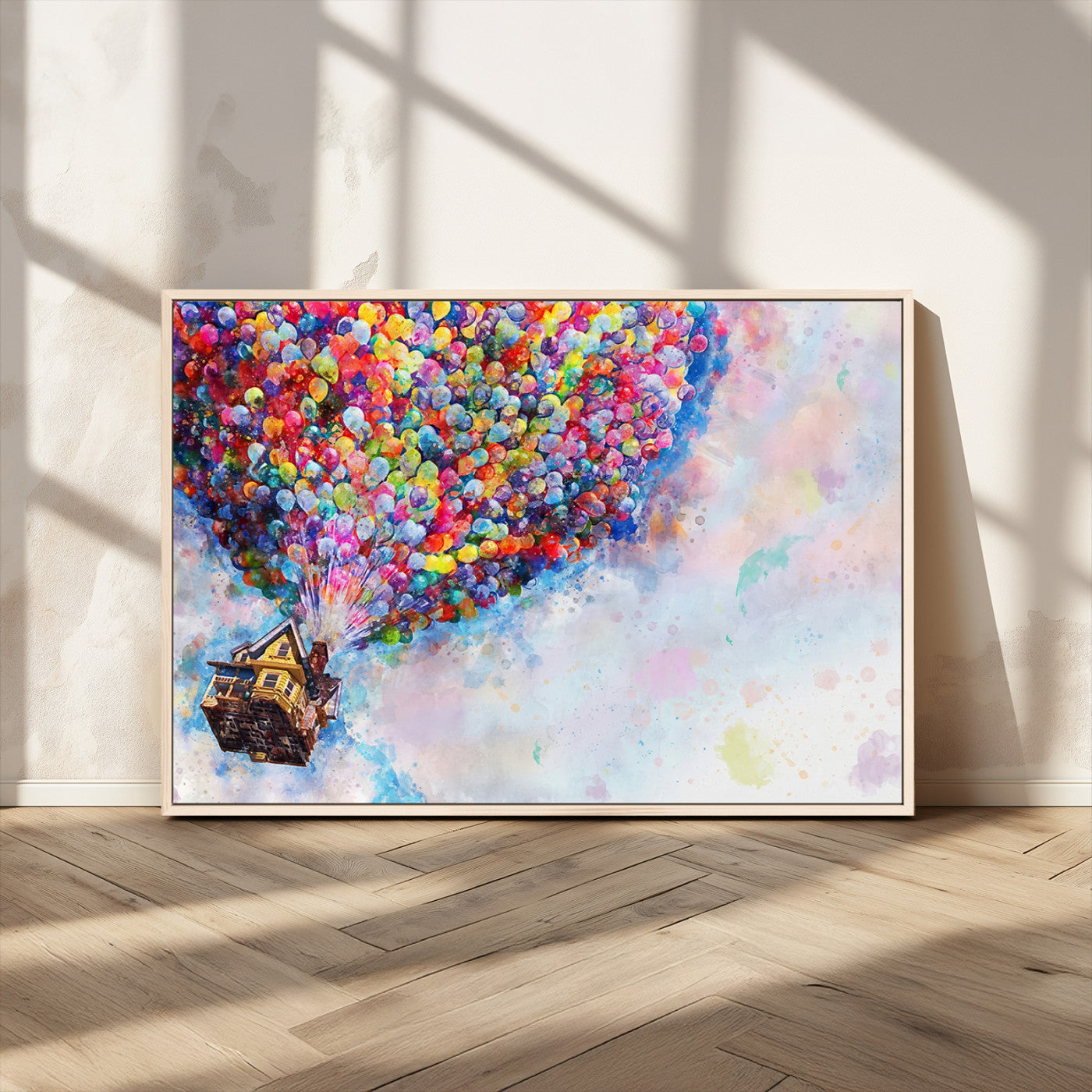 MGV-FC-36X24 - Don't Look Up Movie Canvas Wall Art - Vibrant Floating House and Balloons Scene, Tribute to Iconic