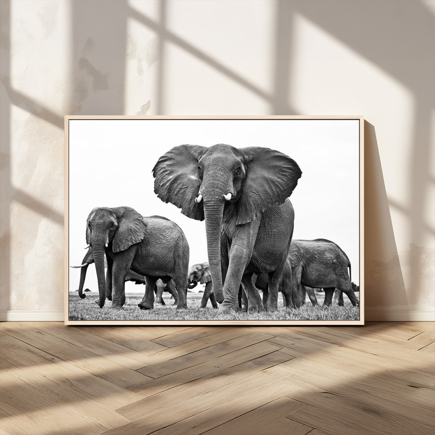 MGV-FC-36X24 - Black White Elephant Family Wall Art Canvas Print