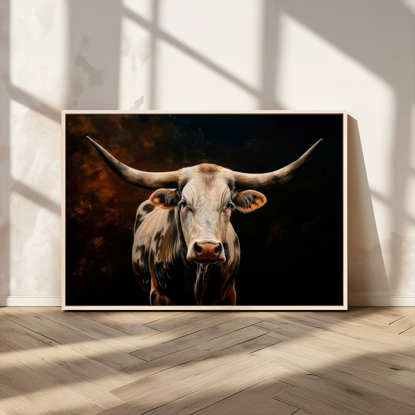 MGV-FC-36X24 - Texas Longhorn Wall Art | 3-Panel Large Texas Longhorn Canvas Print for Living Room, Office, or Farmhouse Decor | Framed Giclee Longhorn Wall Art