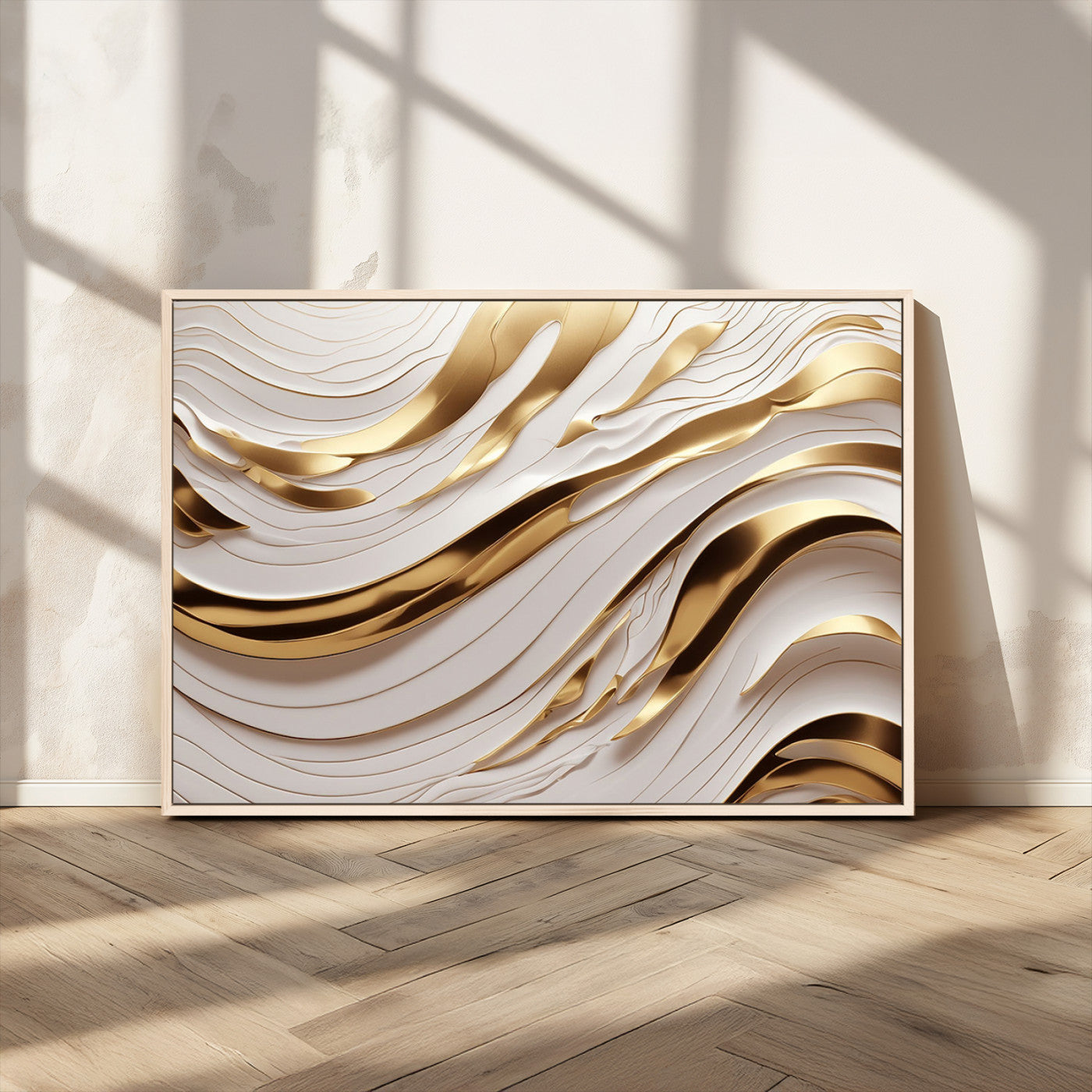 -Gold and White Abstract Wave Canvas – Elegant Flowing Design with Luxurious Golden Accents –