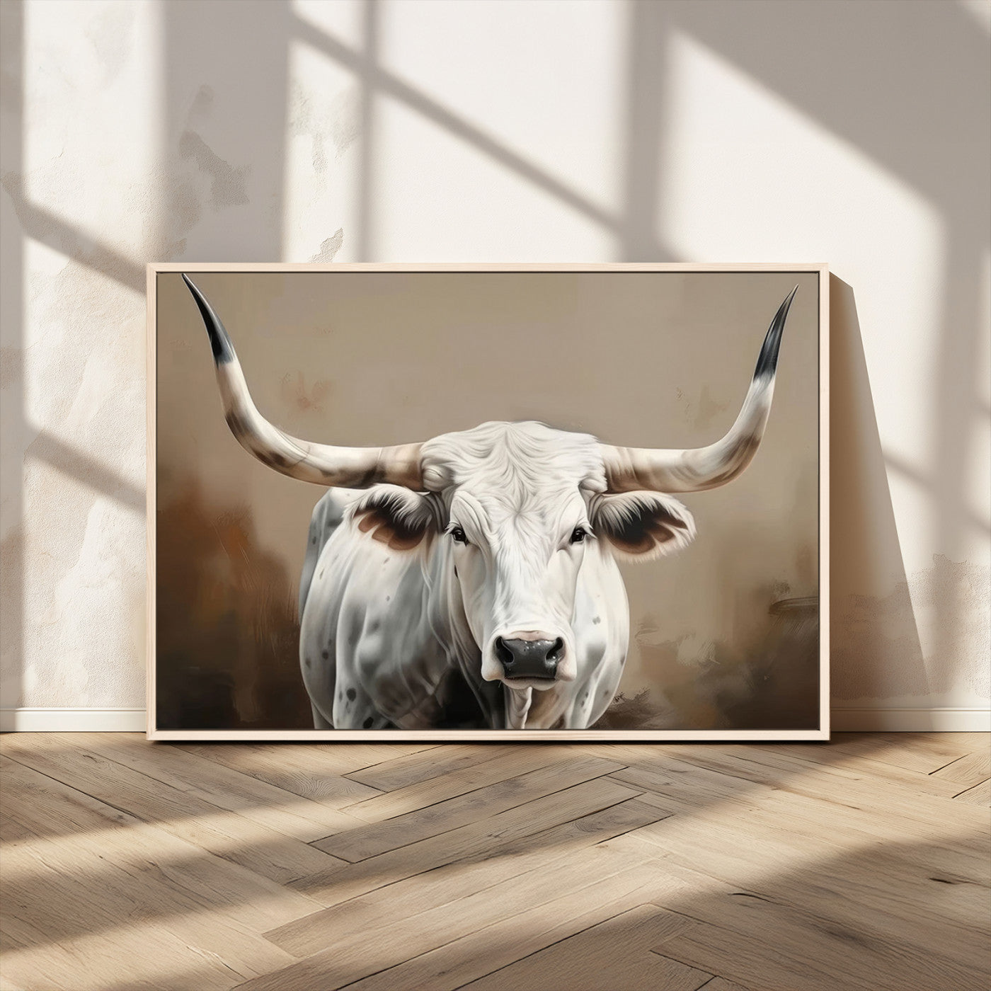 -White Longhorn Bull Wall Art Canvas Print – Framed and Ready to Hang – Perfect for Farmhouse and