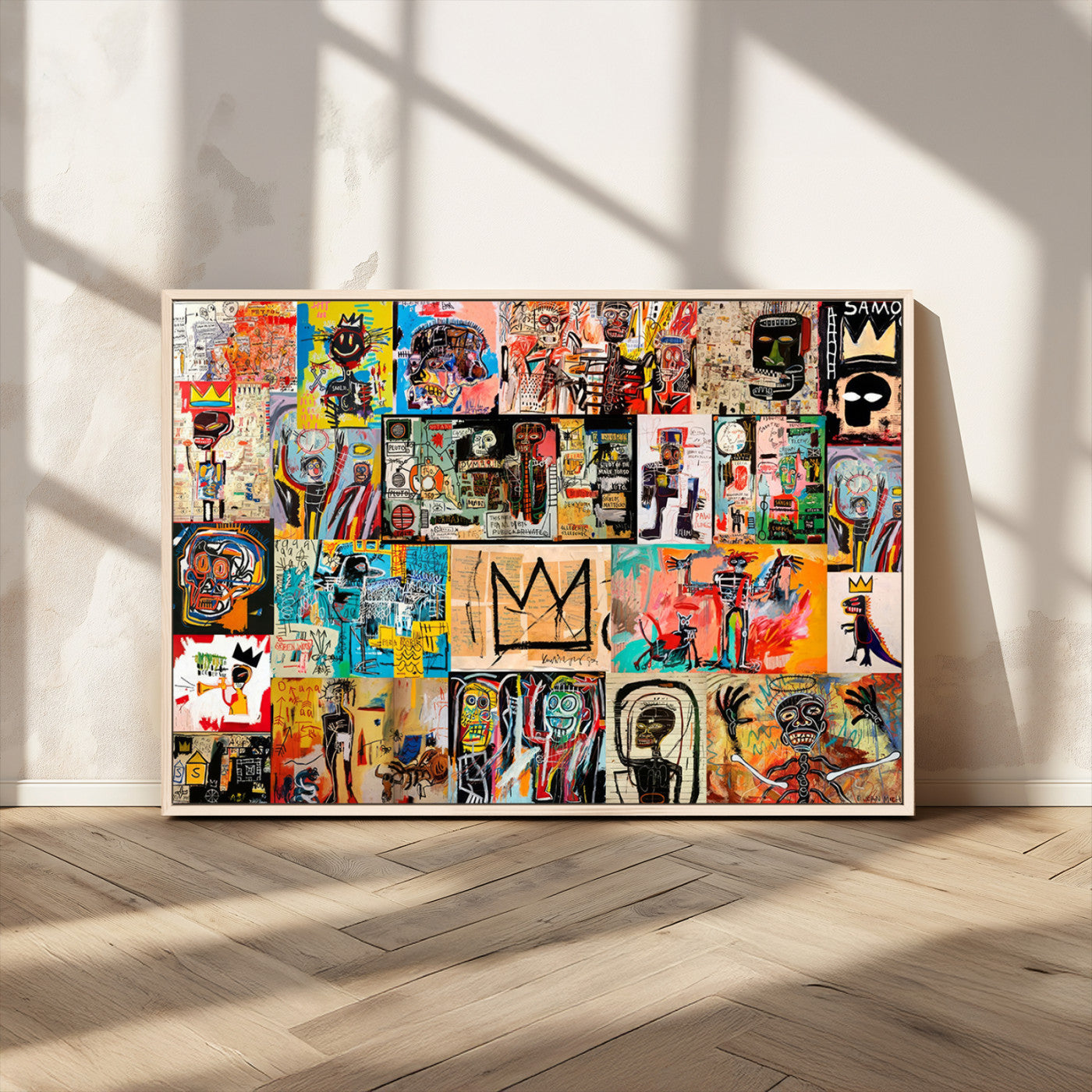 MGV-FC-36X24 - Basquiat Art Collage Wall Art Canvas Print – Framed, Ready to Hang, Urban Graffiti Style