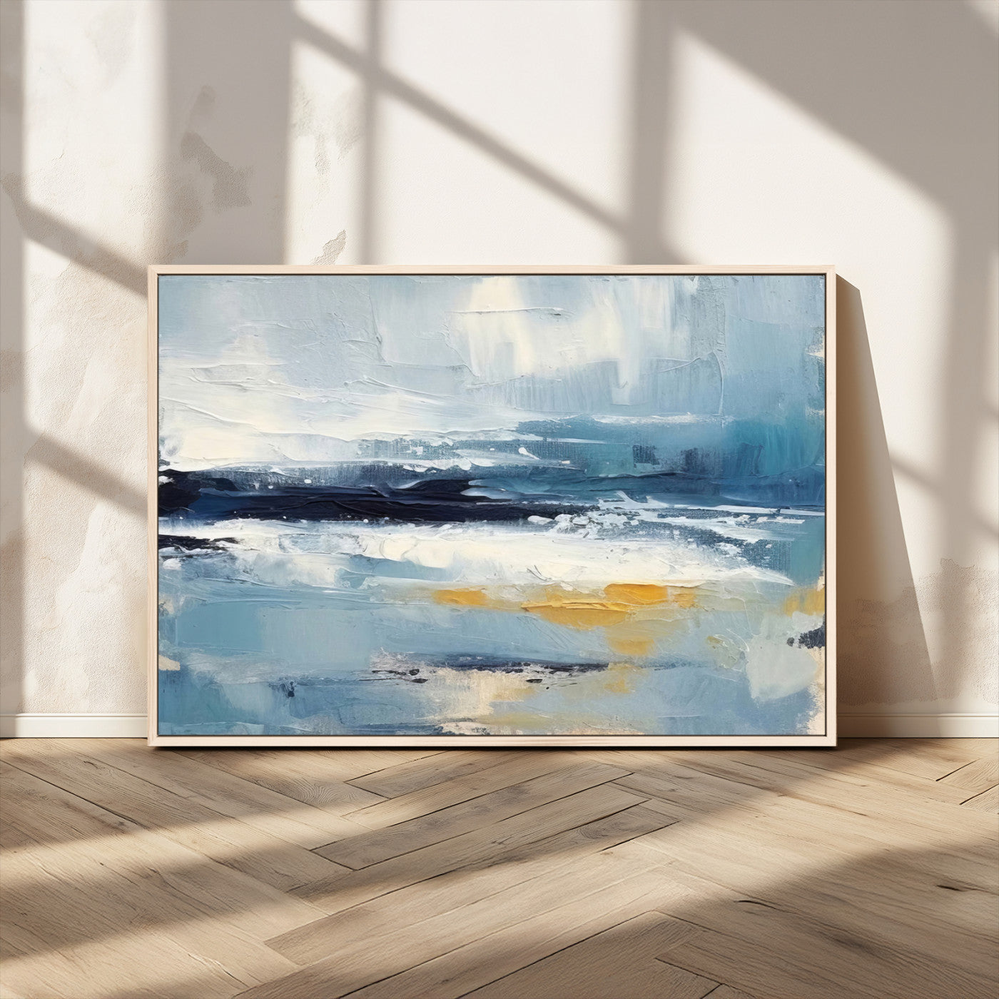 MGV-FC-36X24 - Abstract Ocean Canvas Wall Art - Coastal Blue and Gold Textured Painting, Modern Seascape Decor for Living Room Decor