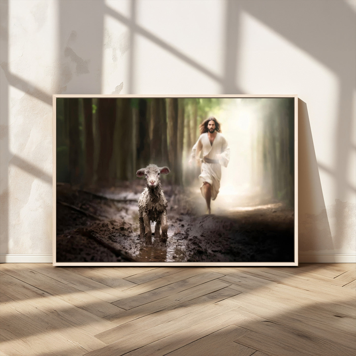 MGV-FC-36X24 - Jesus Canvas Wall Art - Jesus Running After Lost Lamb, Jesus, Christian Home Decor - Church Wall Art