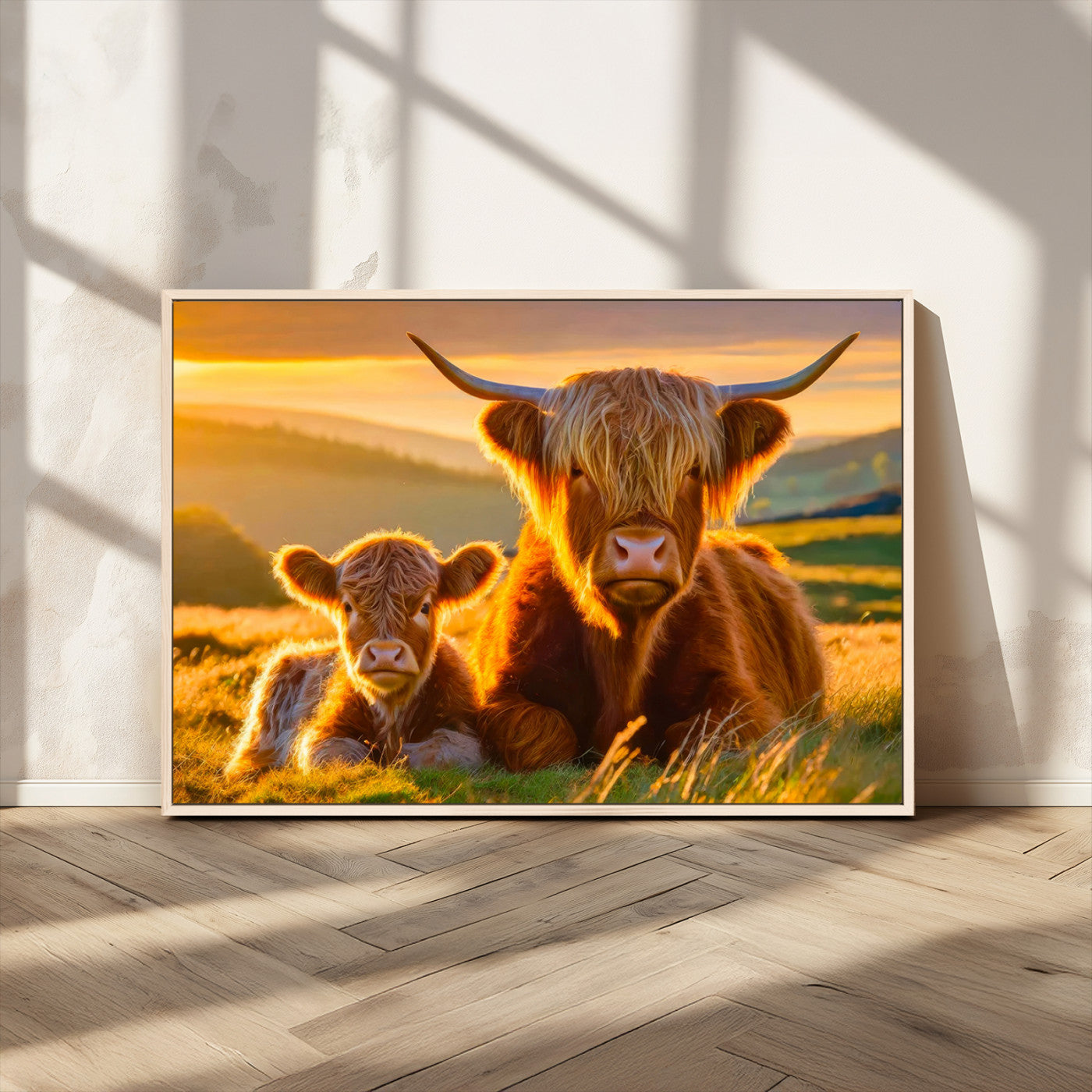 -Scottish Cow and Baby Cow Canvas Wall Art Animal Print Fluffy Cattle Framed Farmhouse Decor