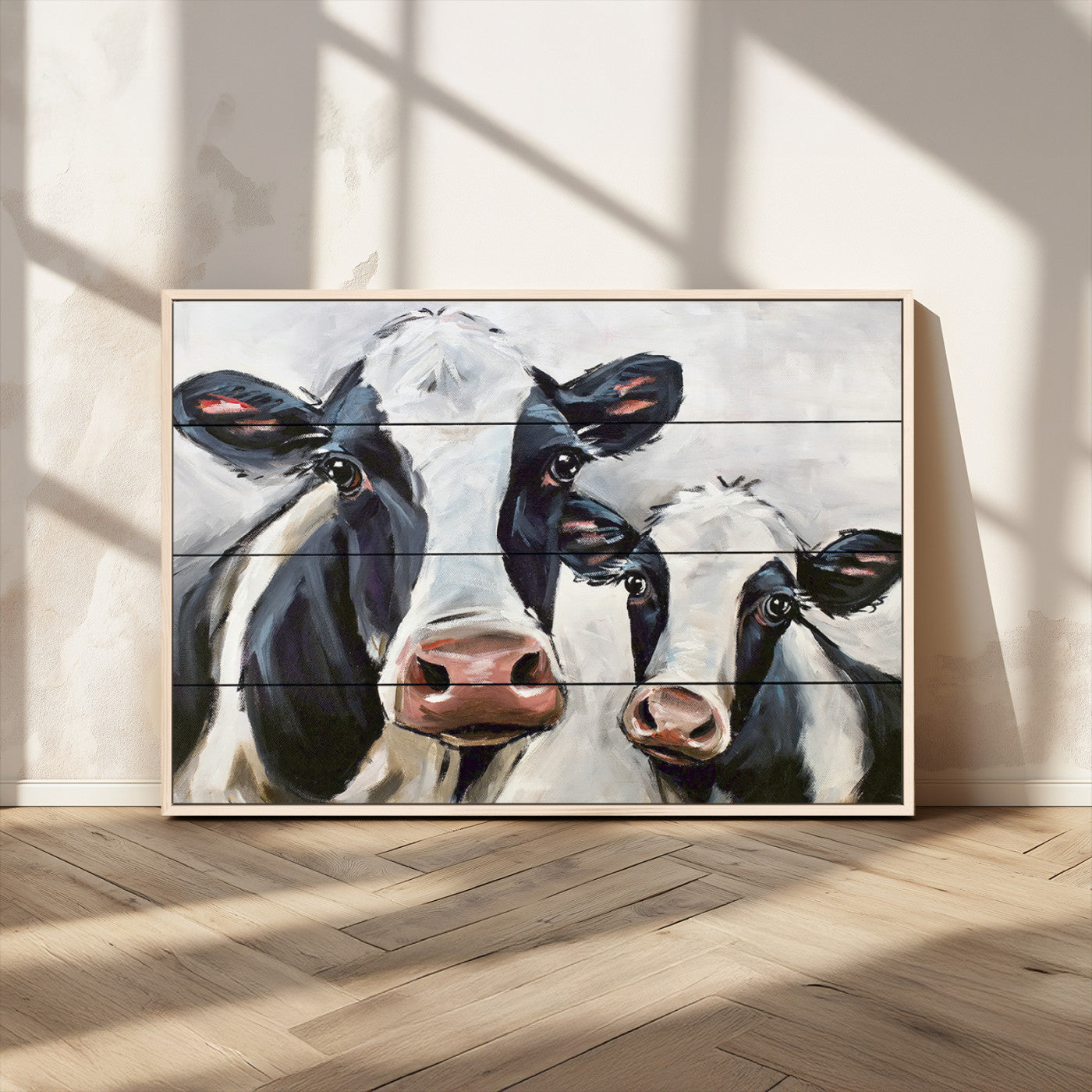 -Vintage Baby and Mom Cattle Wall Art Canvas Print
