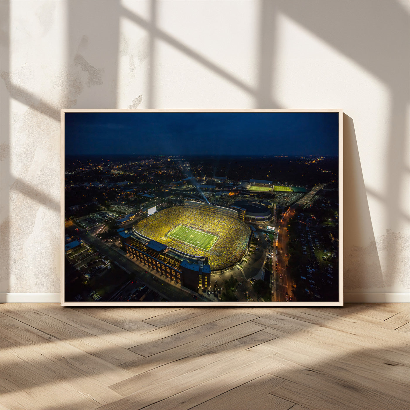 MGV-FC-36X24 - Michigan Stadium Night Game Wall Art – Sports Arena Aerial View Canvas Print, Framed, Ready to Hang