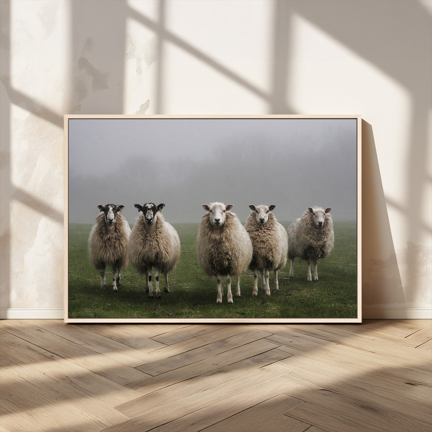 -Flock of Sheep in a Mystical Fog – Pastoral Wall Art Canvas Print, Framed, Ready to Hang